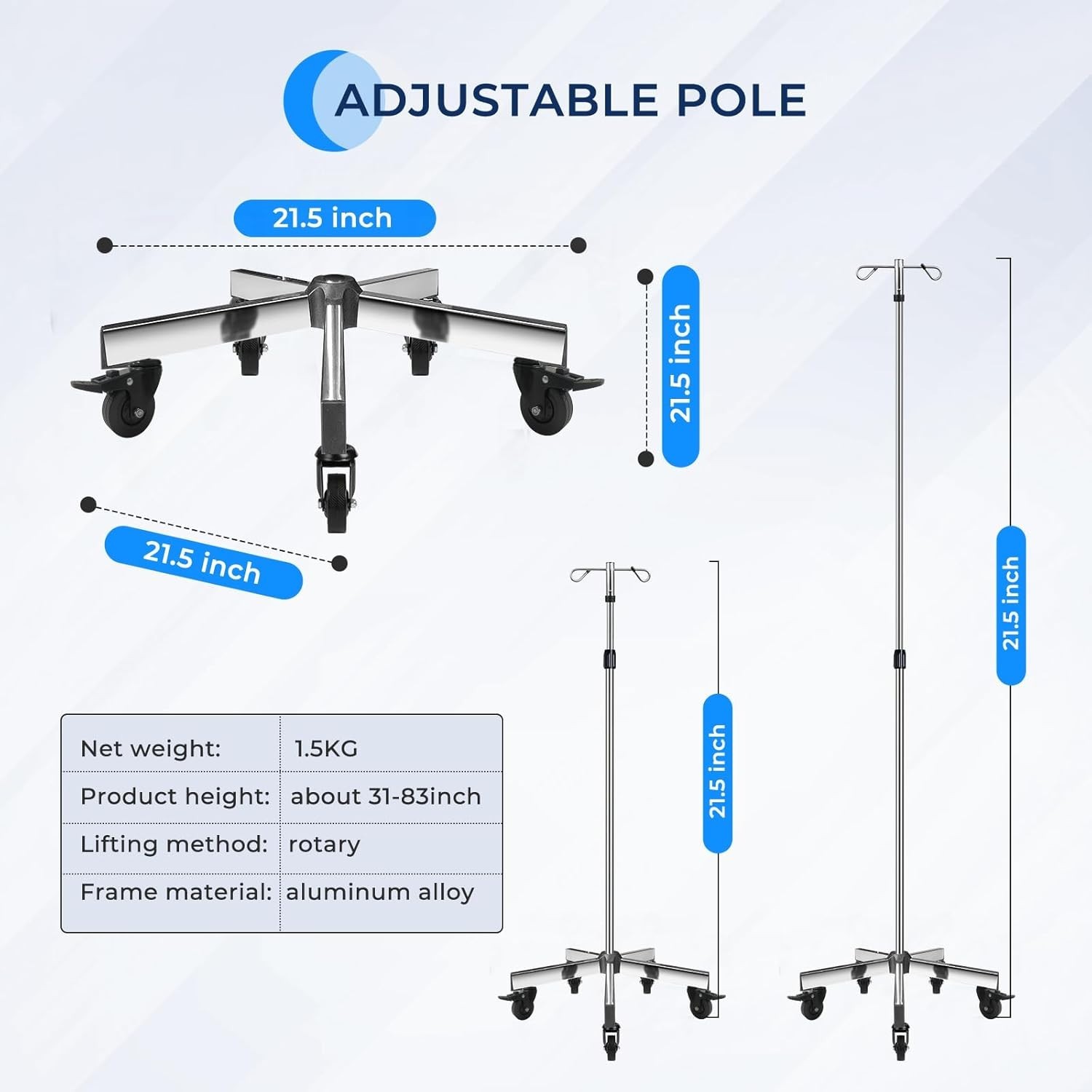 Adjustable IV Pole with 5-Wheel Base & Detachable Hooks – Ideal for Home Care