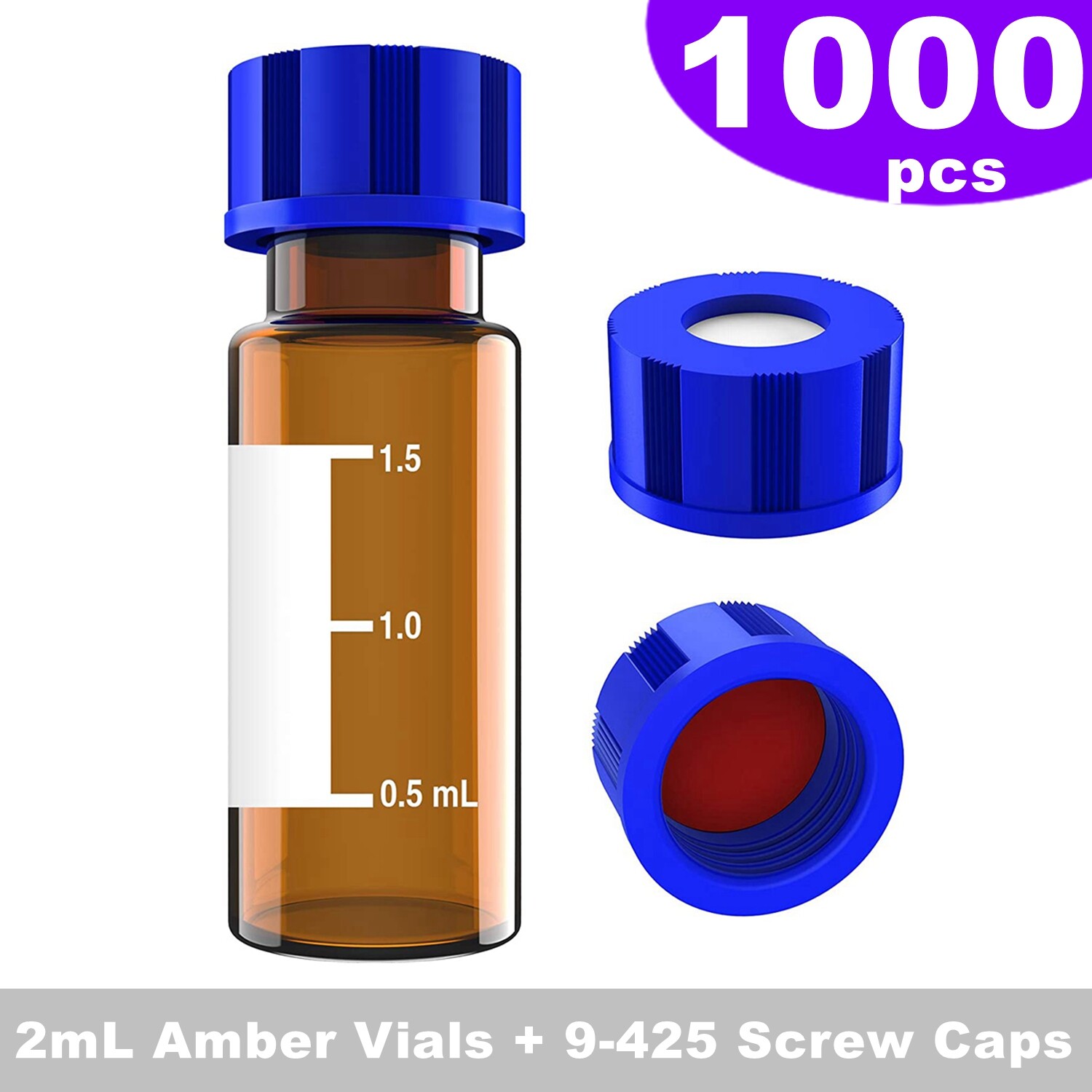 1000pcs 2ml 9-425 Autosampler Vials+Caps Amber Glass Bottle HPLC GC Screw Top US