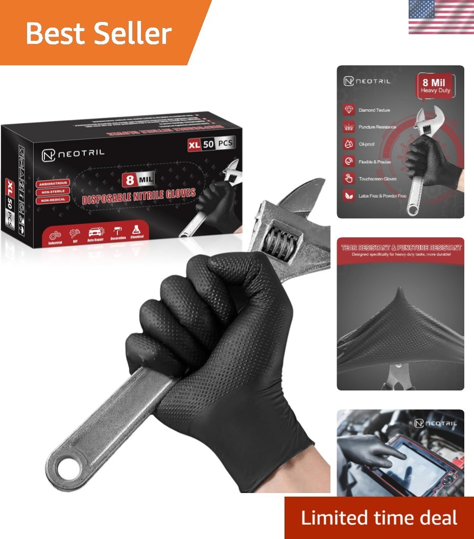 8 Mil Heavy Duty Disposable Nitrile Gloves with Diamond Texture Grip Rubber G…