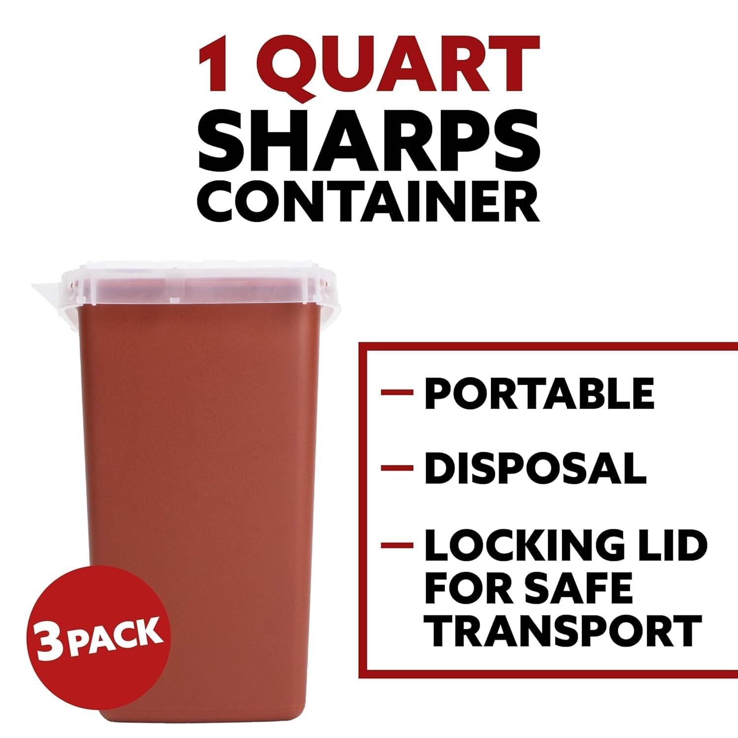 Sharps Container, 1 Quart, Biohazard Needle and Syringe Disposal, 3 Pack