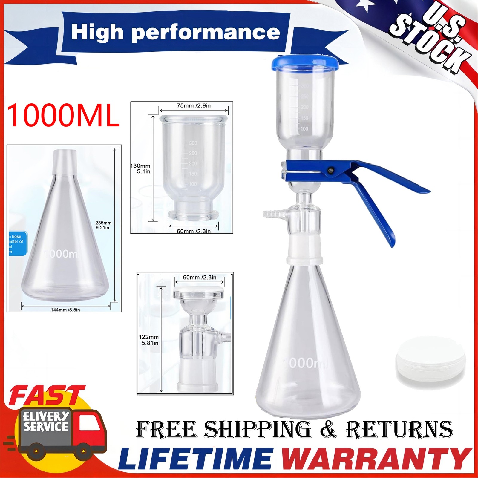 Lab Vacuum Filtration Distillation Kit 1000ml w/ 100 Pieces of Filter Paper New