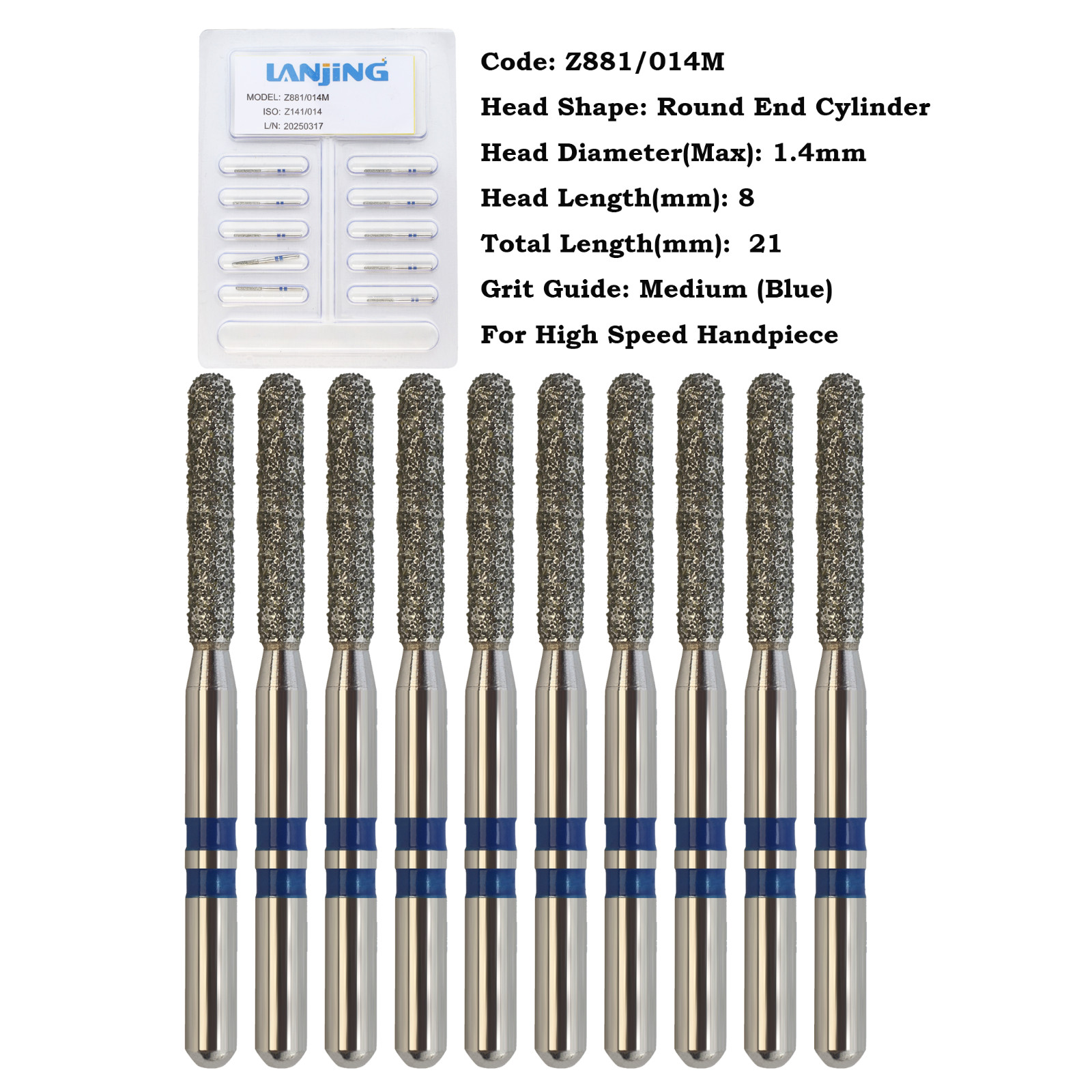 Zirconia Adjustment Diamond Burs Round End Cylinder FG Z881/014M Medium Grit