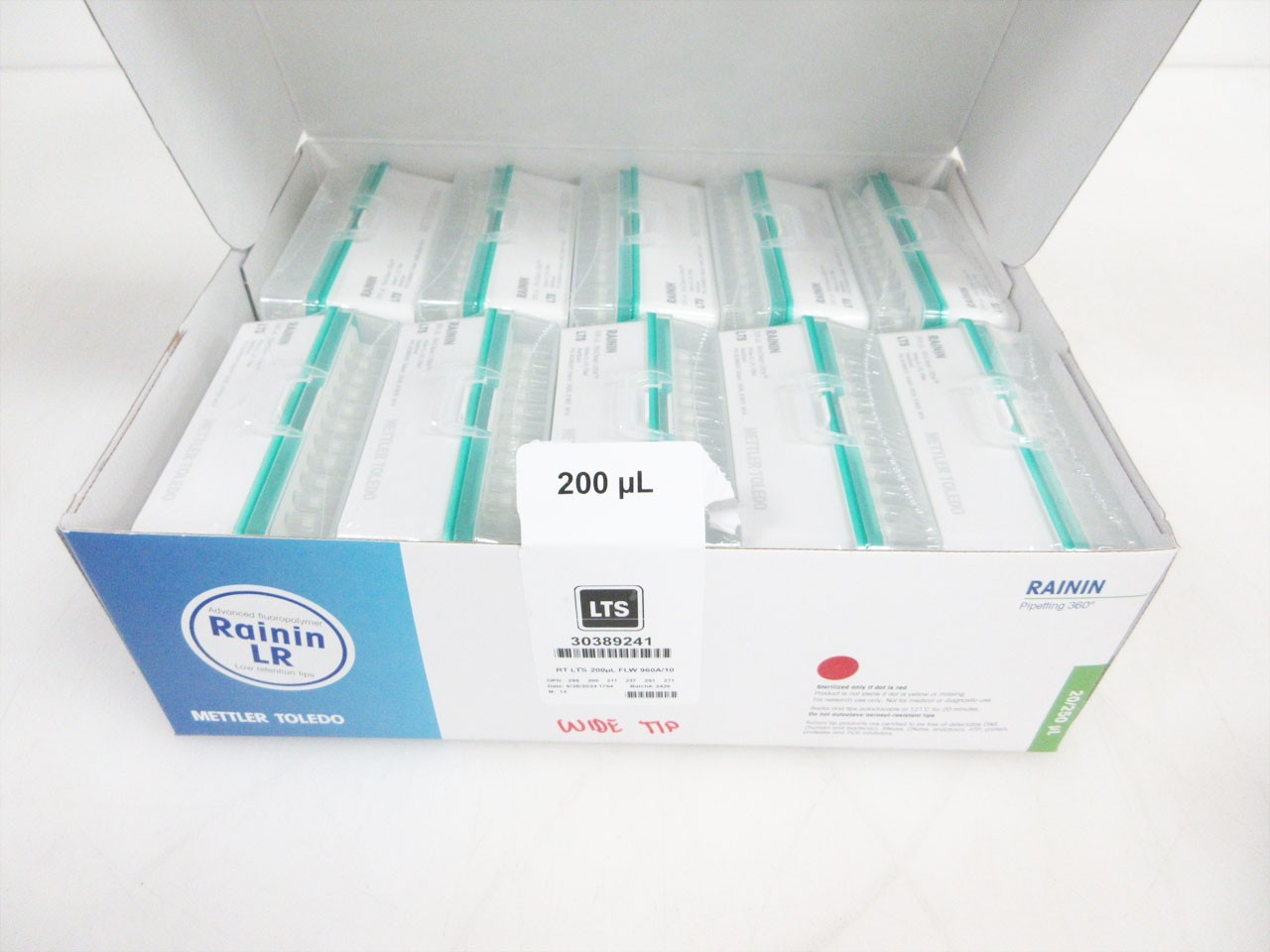 BOX 10 RACKS RAININ 30389241 PIPETTE TIPS RT LTS 200 uL FLW 960A METTLER TOLEDO