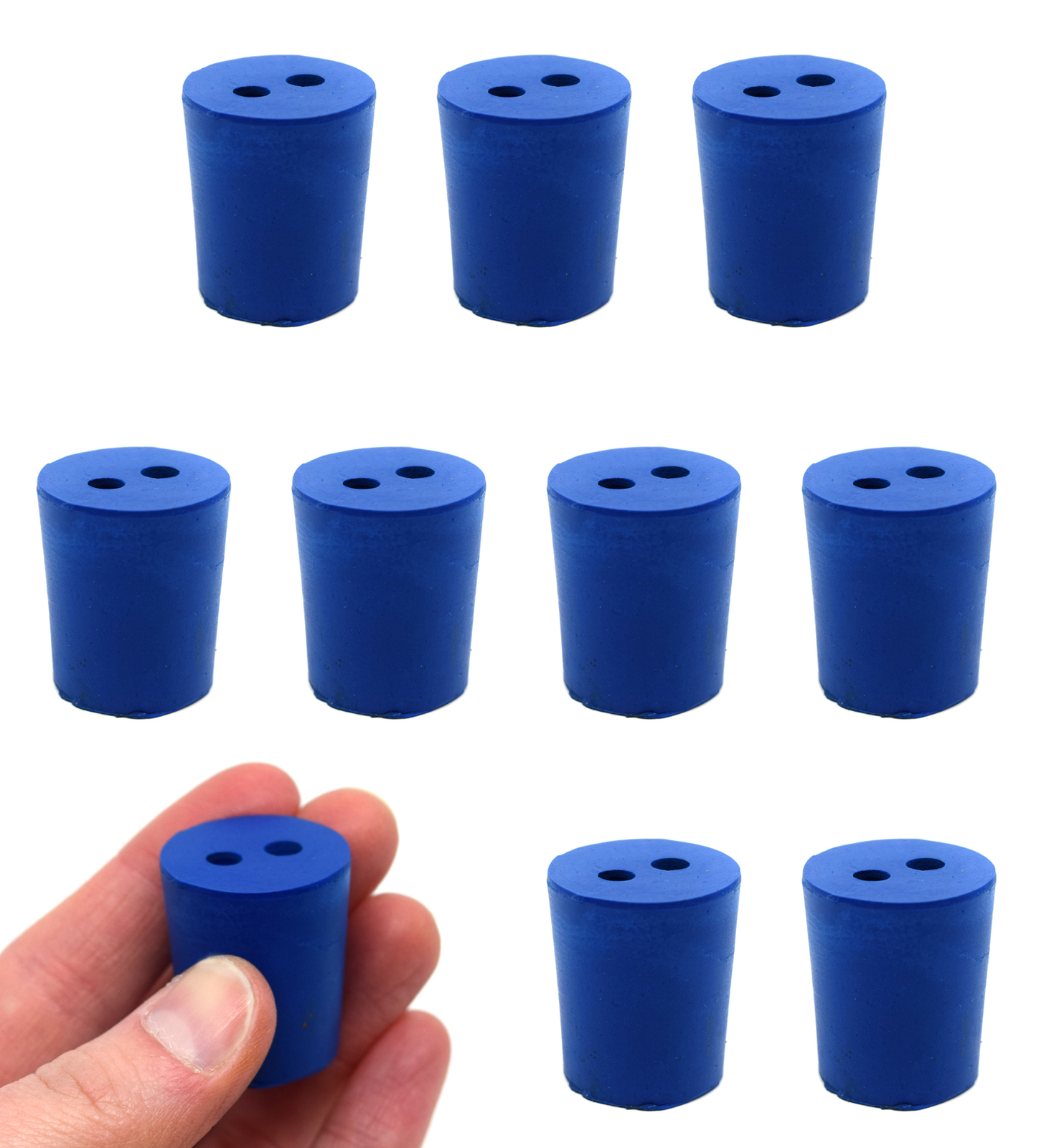 Neoprene Stopper, 2 Holes – Blue, 21mm Bottom, 24mm Top, 28mm Length – 10 Pack