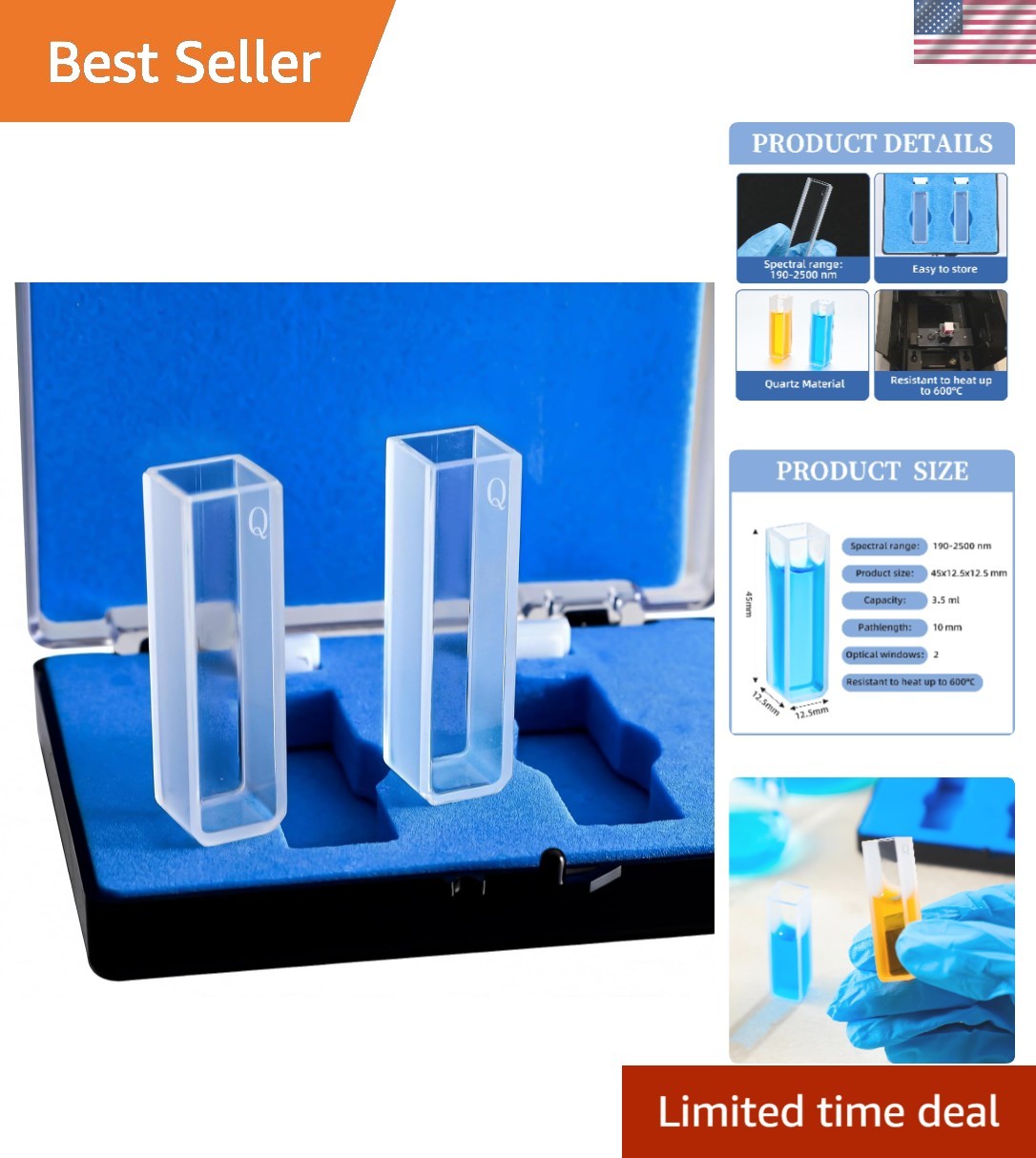 2 PCS UV Quartz Cuvettes for Spectrometer Standard Quartz Cells – 3.5 Ml