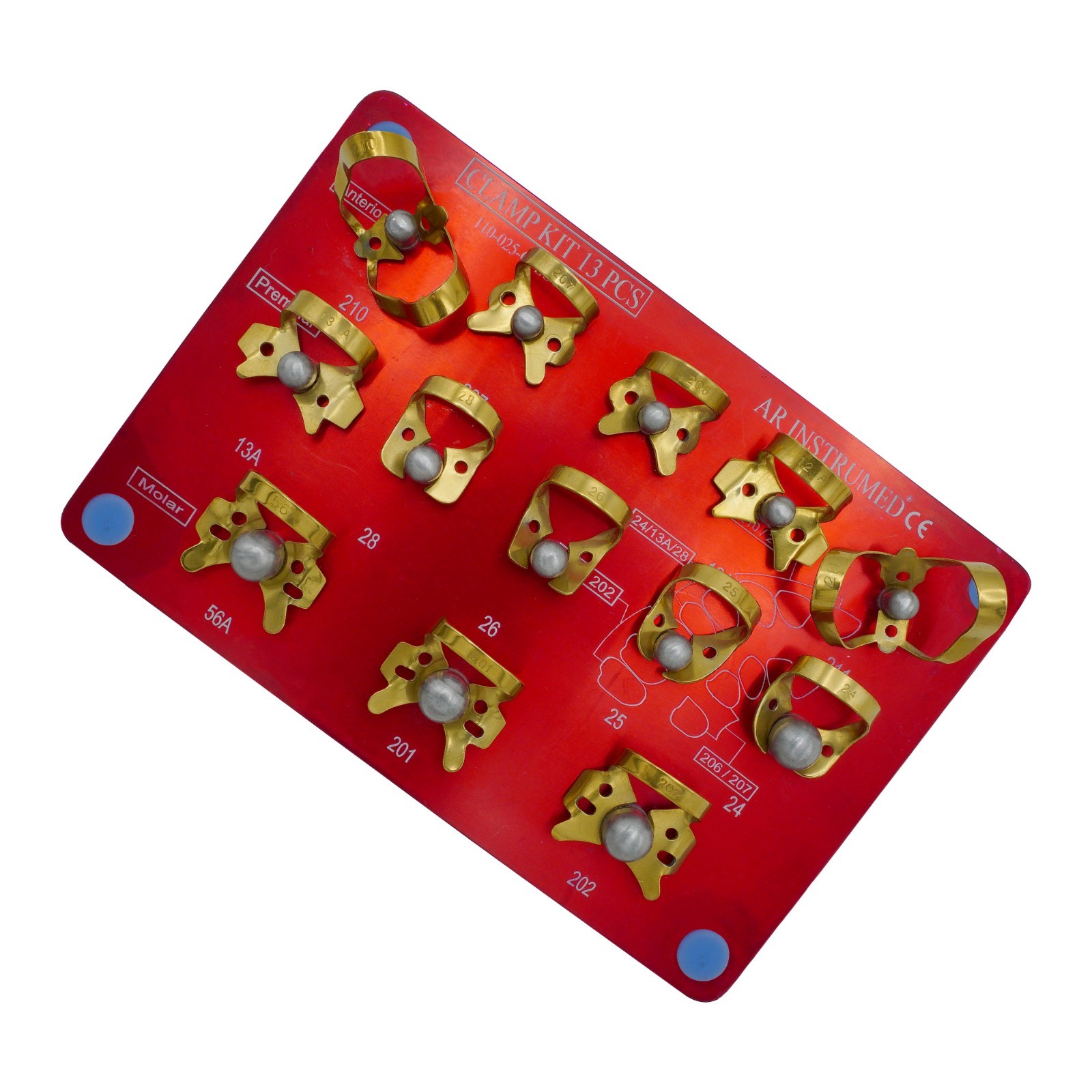 AR Dental Rubber Dam Gold Clamps 13PCS Set 1 Red Tray Anterior German Grade