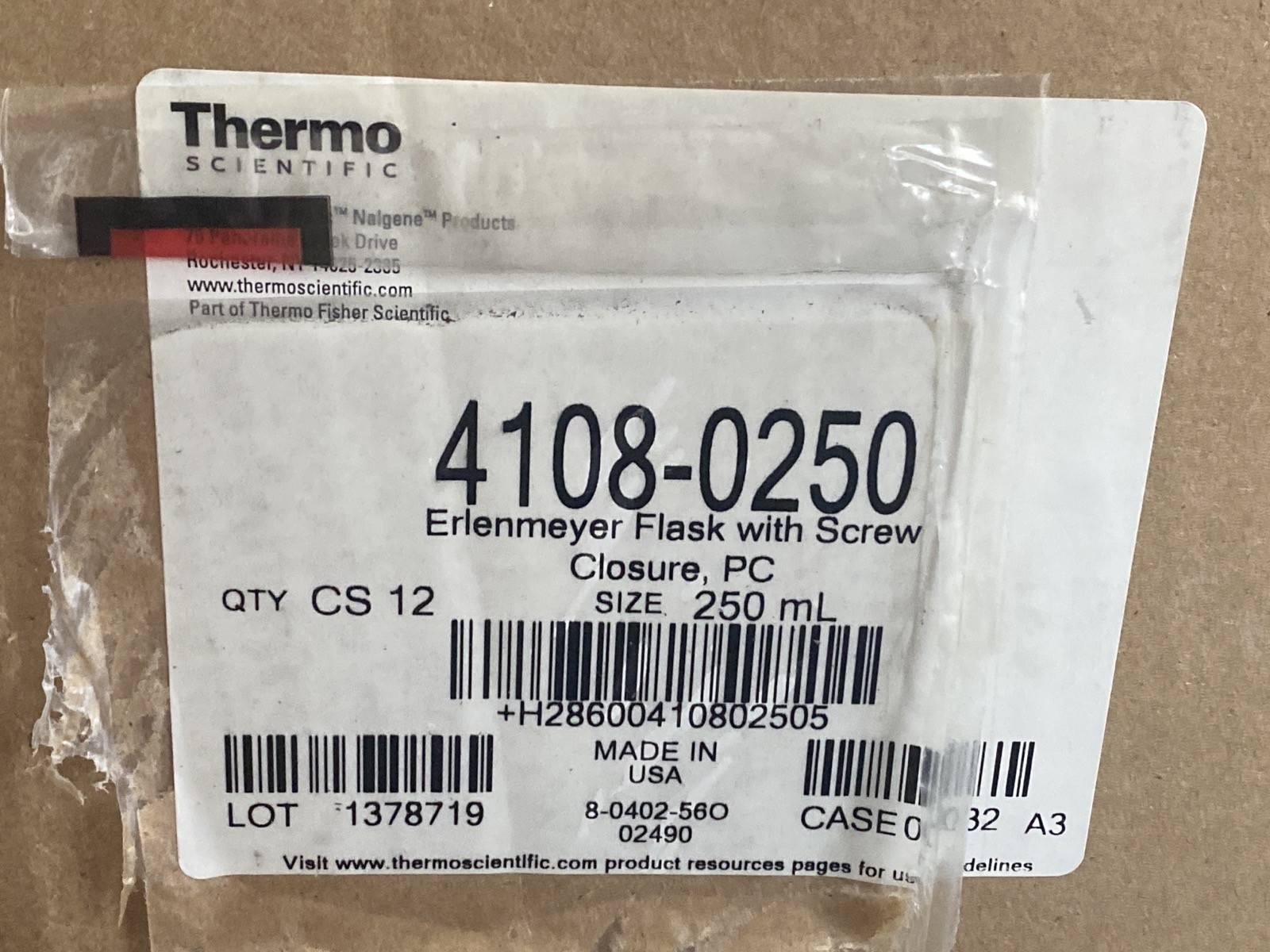 (12/Cs) THERMO NALGENE 250mL PC Graduated Erlenmeyer Flasks w/ Caps 4108-0250