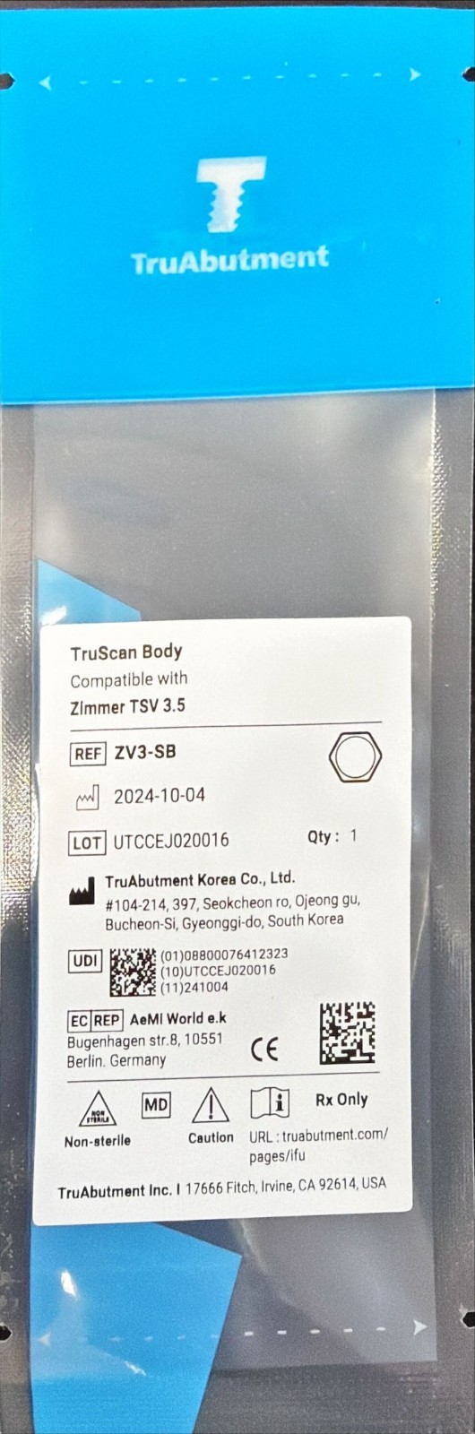 TruAbutment Zimmer TSV Compatible 3.5mm Scan Body, 1/Pk