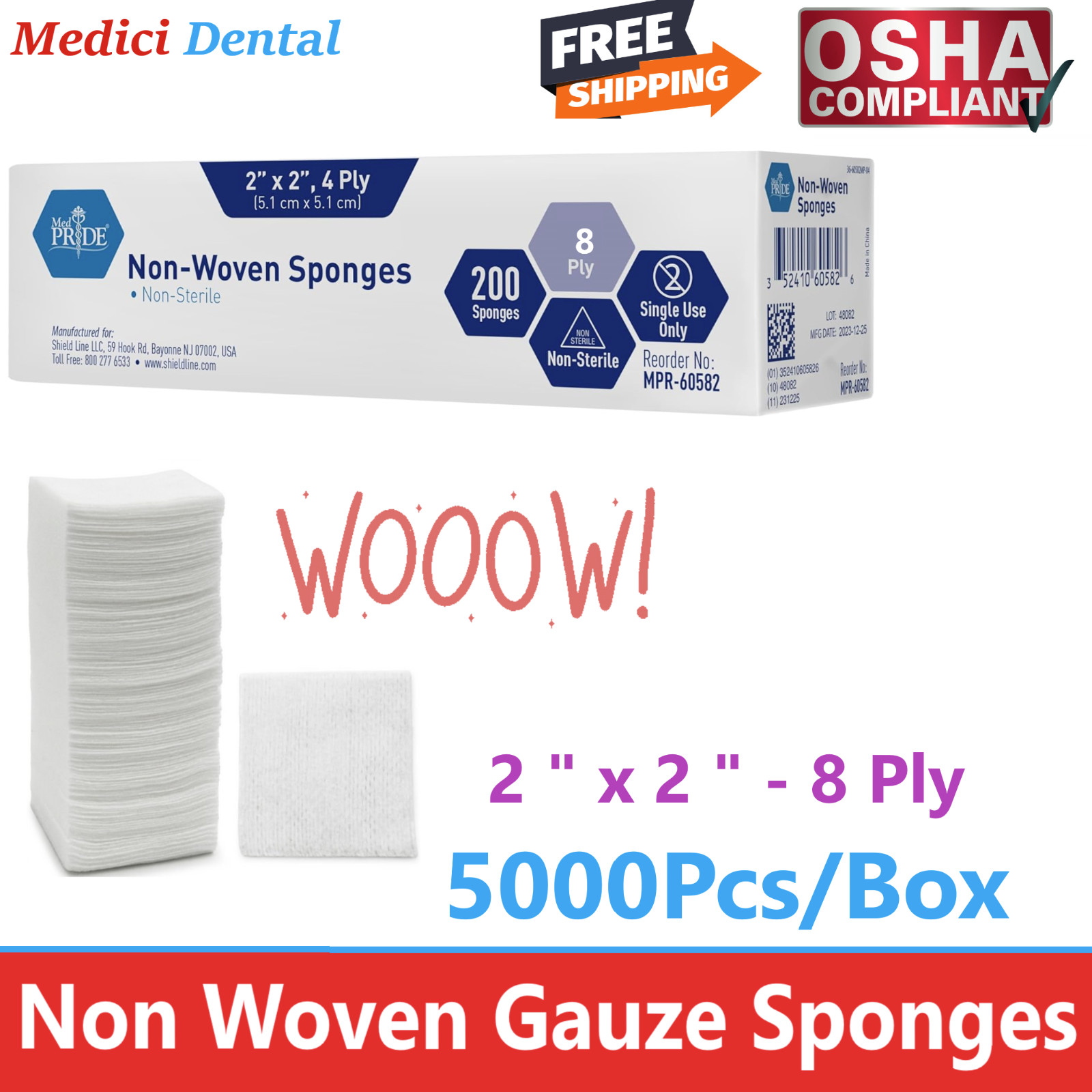 5000Pcs Dental 8-Ply Non-Woven Sponges Non-Sterile Cotton Gauze Size 2 » x 2 «