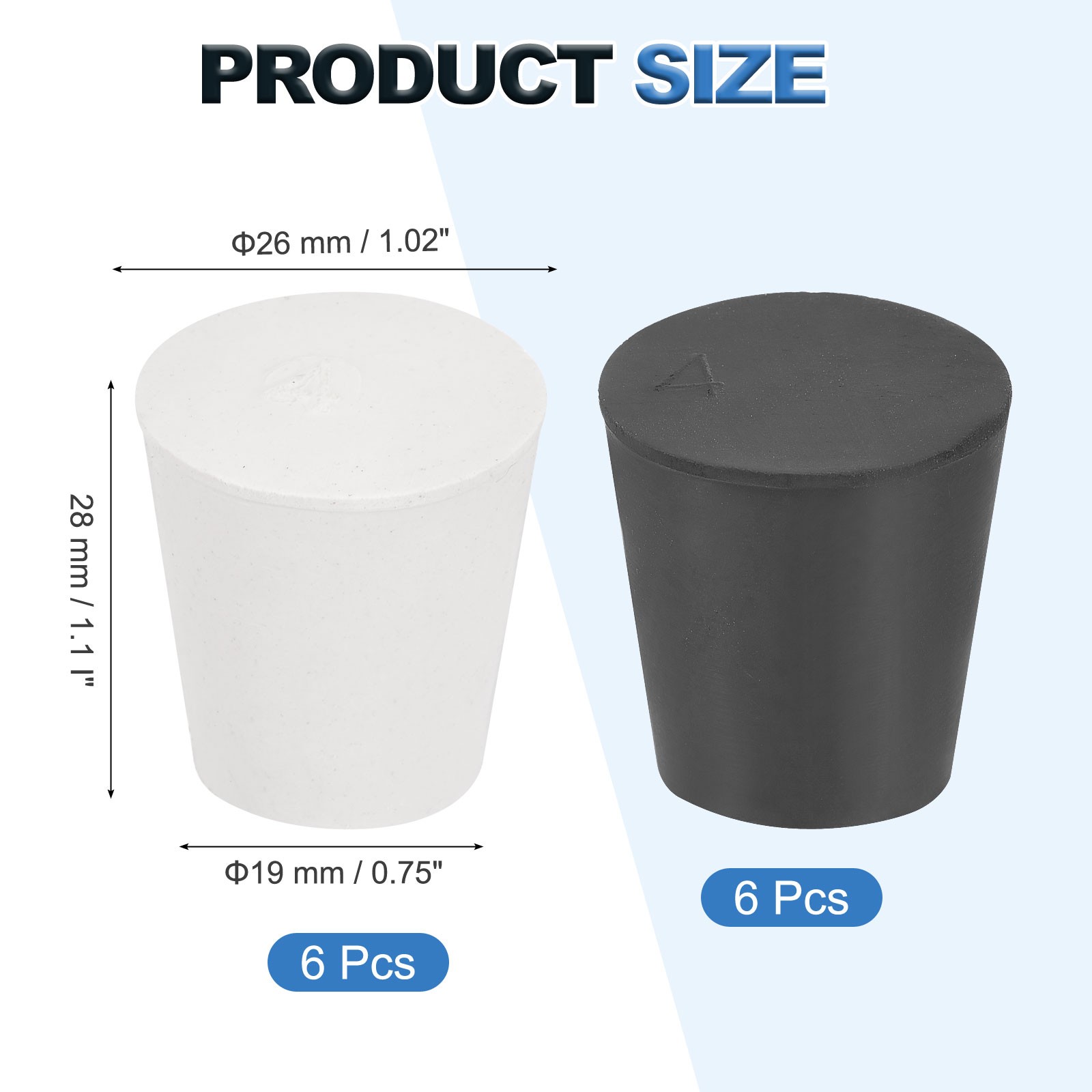12 Pcs Solid Rubber Stopper Size 4#-26mm x 19mm – 28mm Long, Black/White
