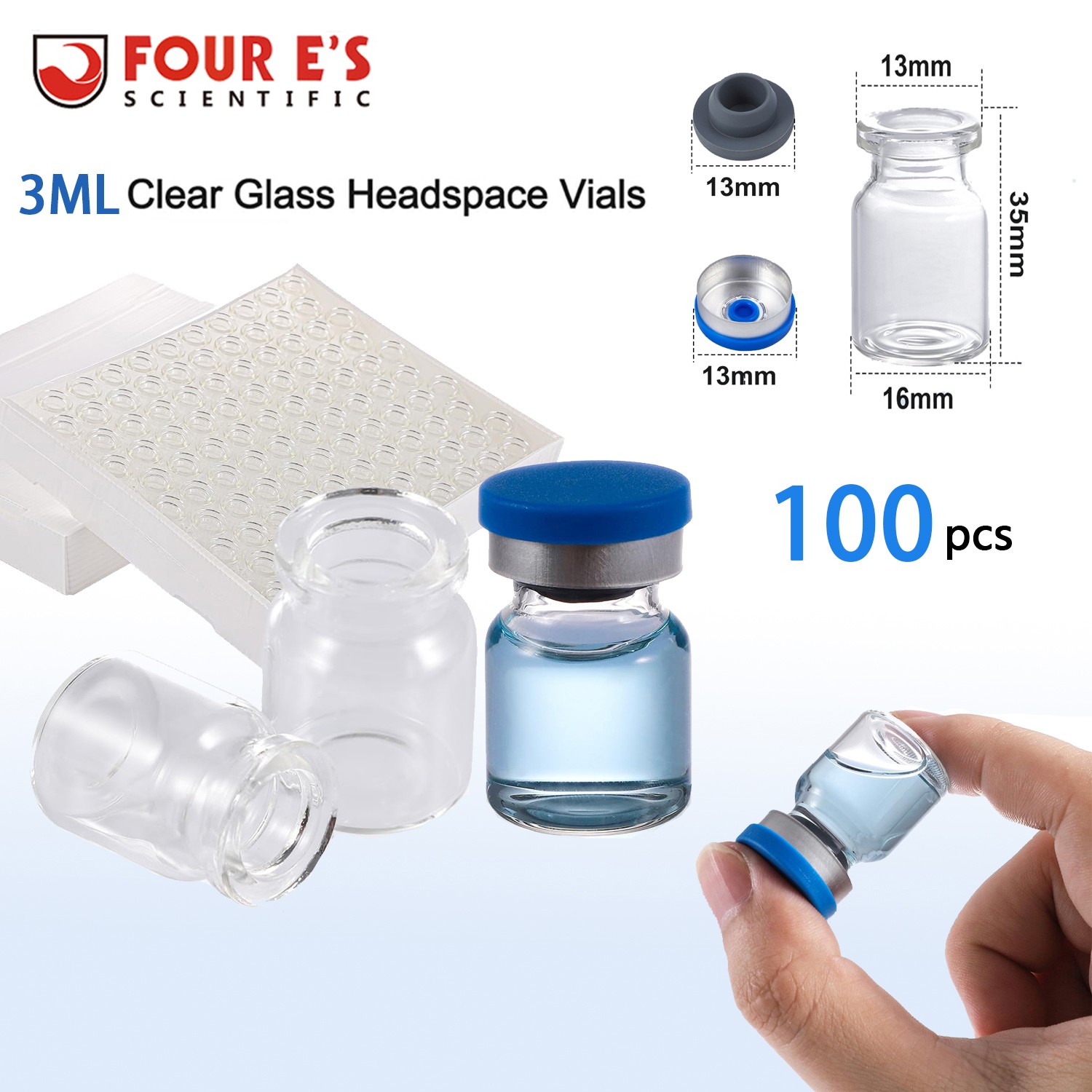 3ml Glass Vials Headspace Lab Vials w/ Plastic-Aluminum Flip 13mm Caps,Rubber