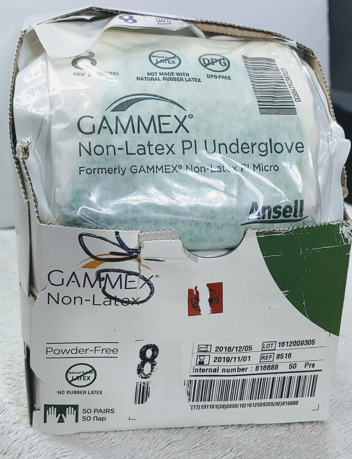 *50-Pairs* Ansell Gammex Non-Latex PI- Underglove Size-8 Gloves 8516 New Green