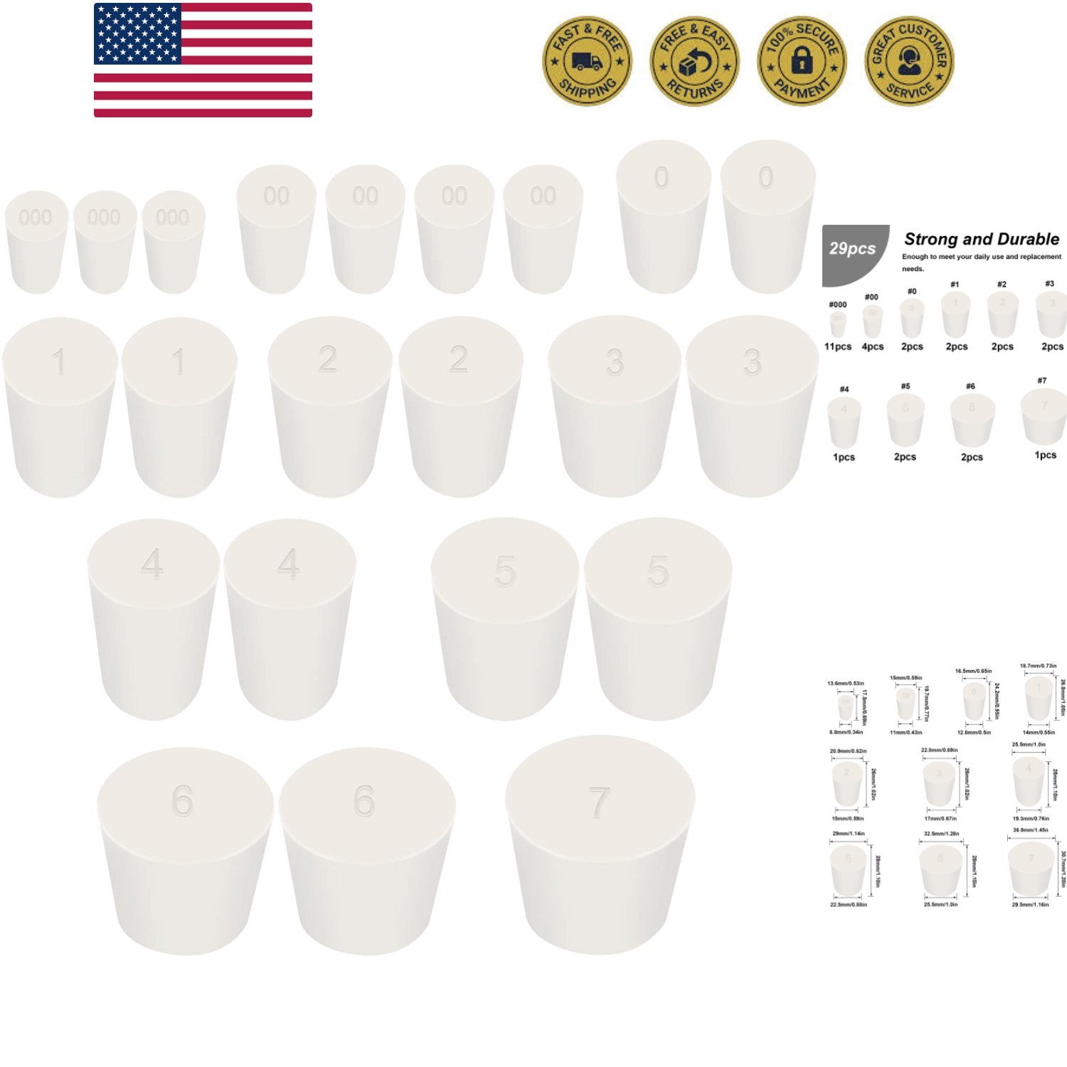 29Pcs White Solid Rubber Stoppers 10 Assorted Sizes