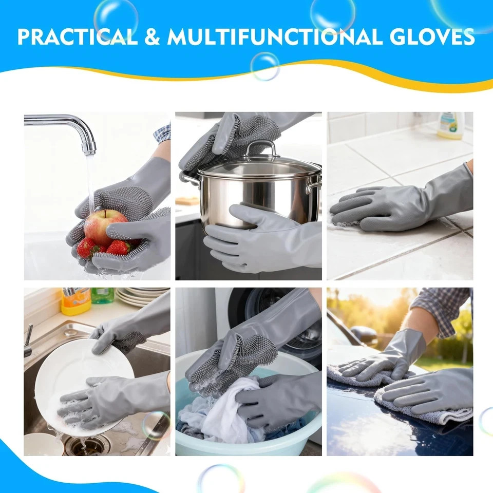 1 Pair Silicone Dishwashing Gloves Pet Cleaning Mitts for Kitchen Dogs Cats
