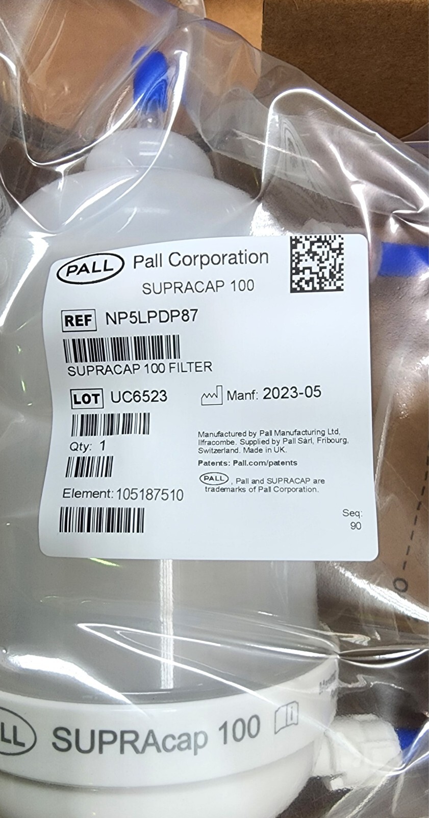 CYTIVA / PALL NP5LPDP87 Supracap 100 depth filter capsule, in-line style, 5 in