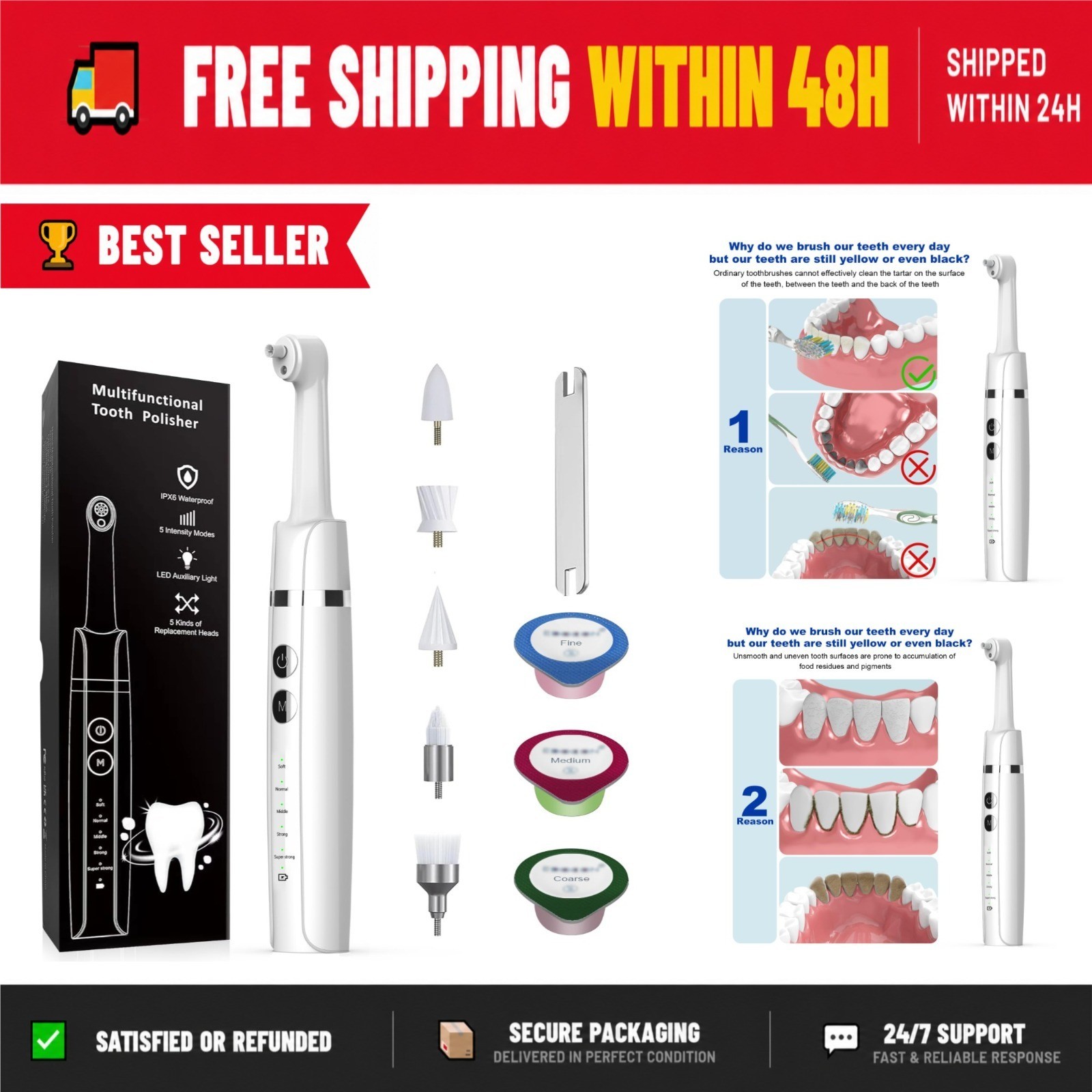 BEIERMU Tooth Polisher Kit – USB Rechargeable Dental Polisher with 6 Heads