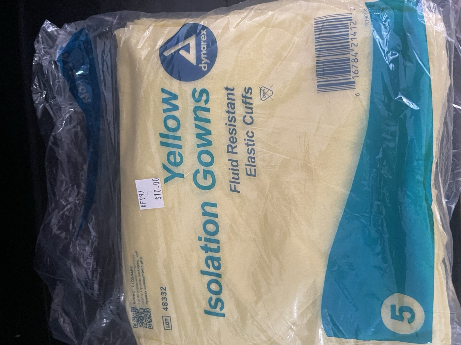 5 Dynarex Full Length PPE Isolation Gowns Yellow Elastic Cuffs Impervious
