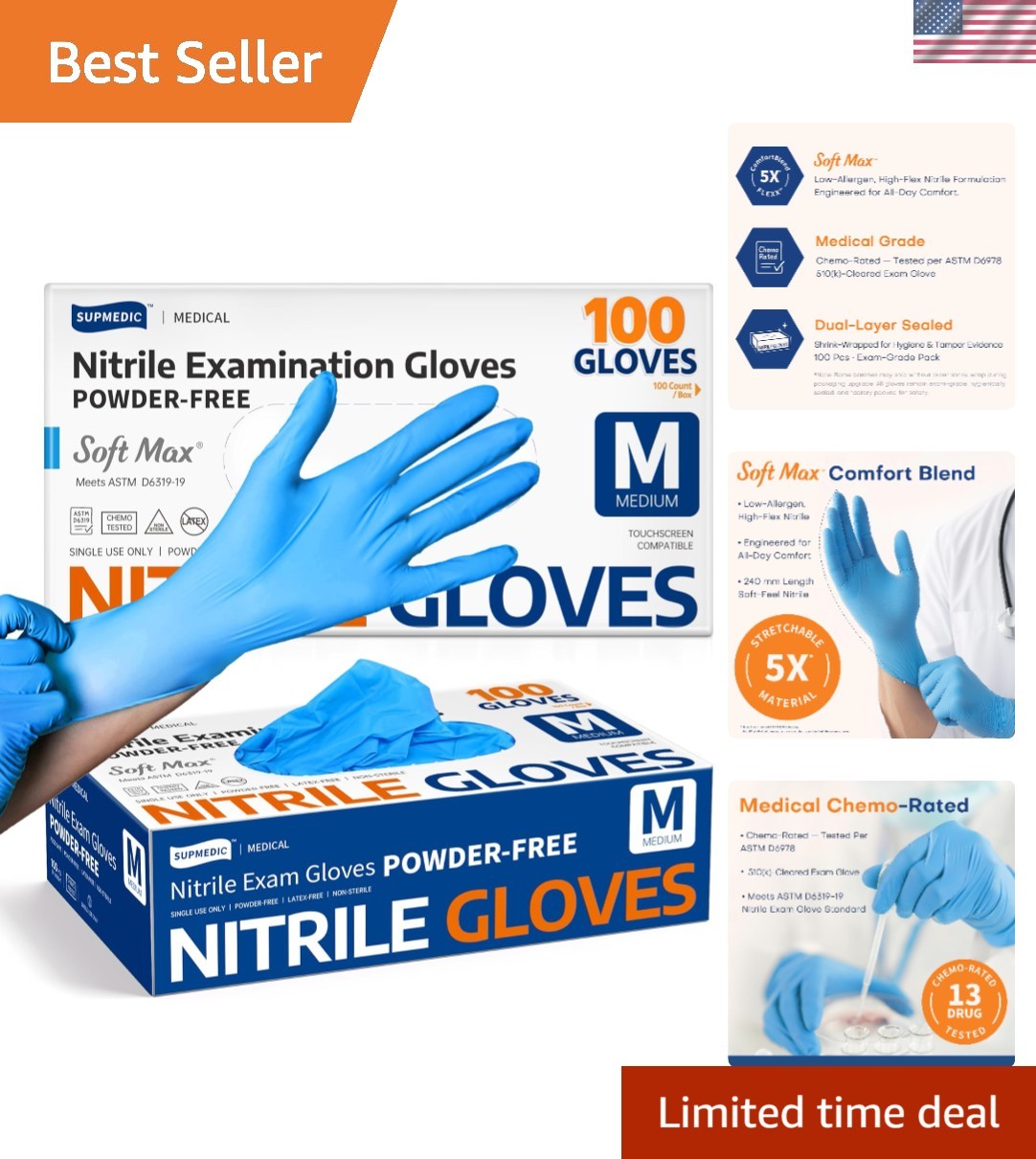 Medical Soft Max Nitrile Exam Gloves, 100 Count Latex-Free Powder-Free Non-St…