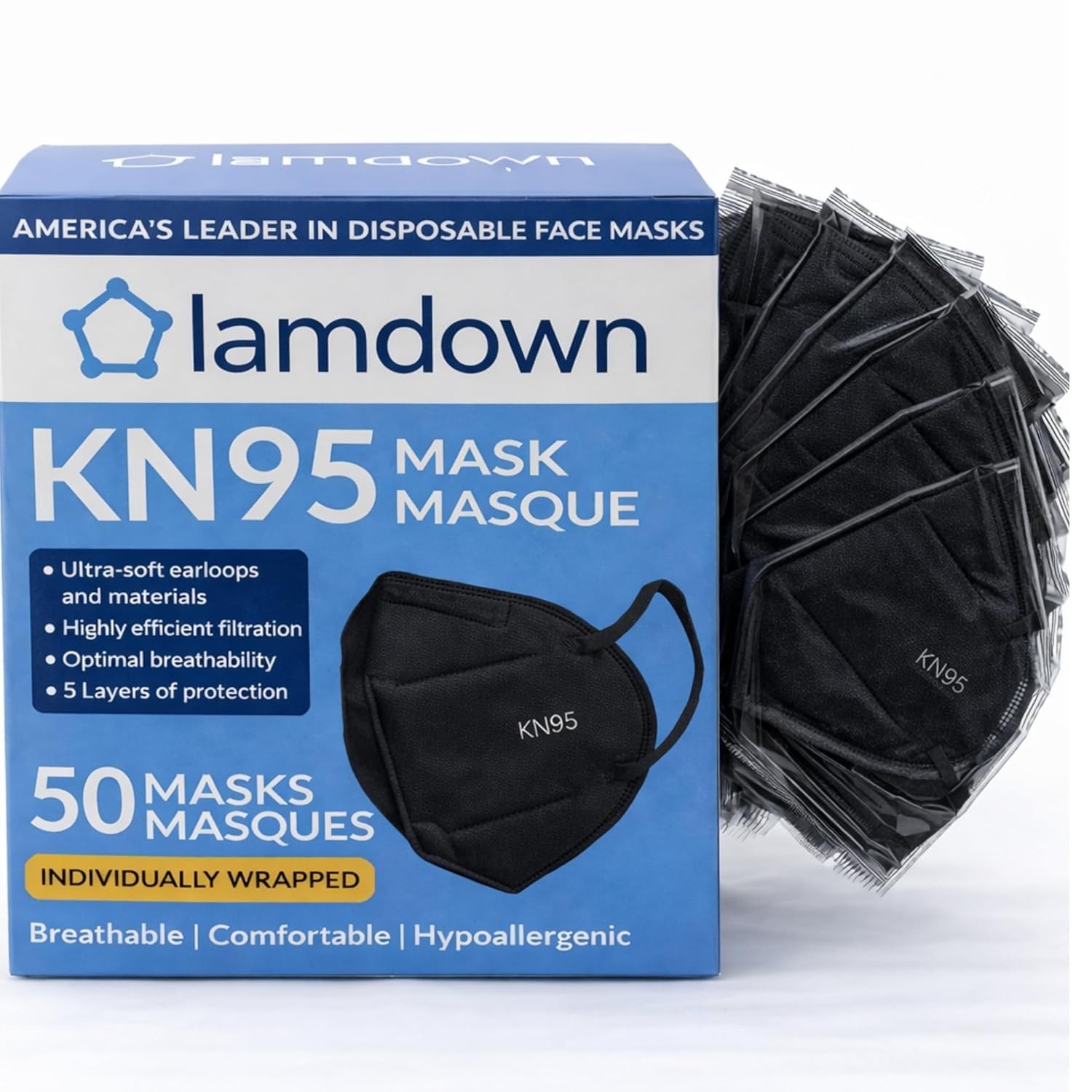 50-Pack KN95 Face Masks – Disposable & Individually Wrapped in Black