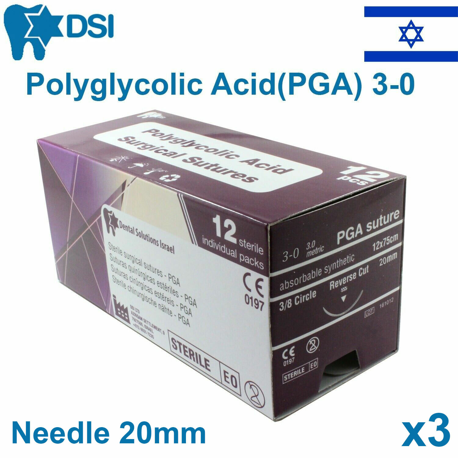 3x PGA 3/0 Polyglycolic Acid Sewing Thread 20mm 3/8 Circle Reverse 75cm 12 pcs