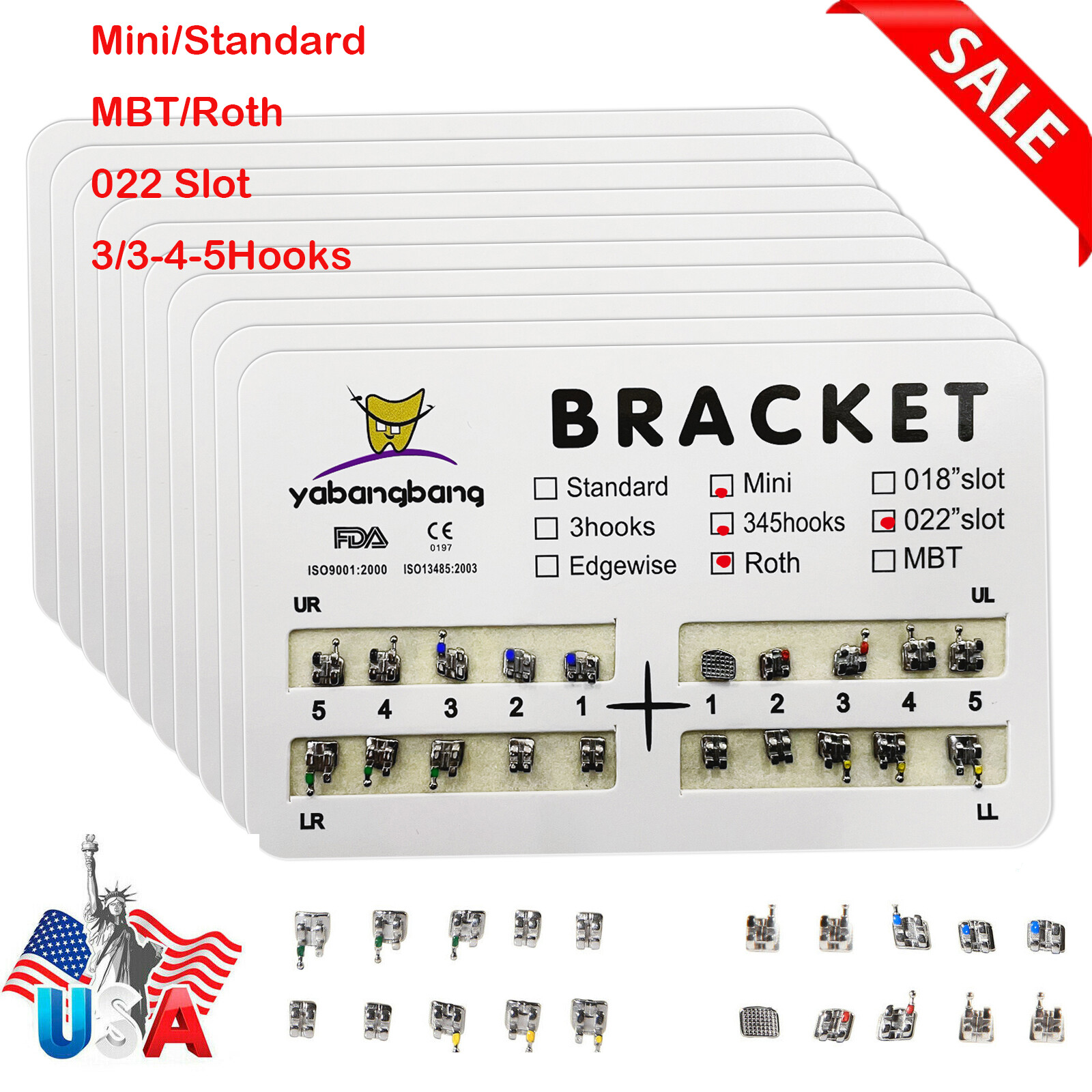 200pcs Dental Orthodontic Brackets Braces Mini Standard 022 3/345 Hooks 10 Packs