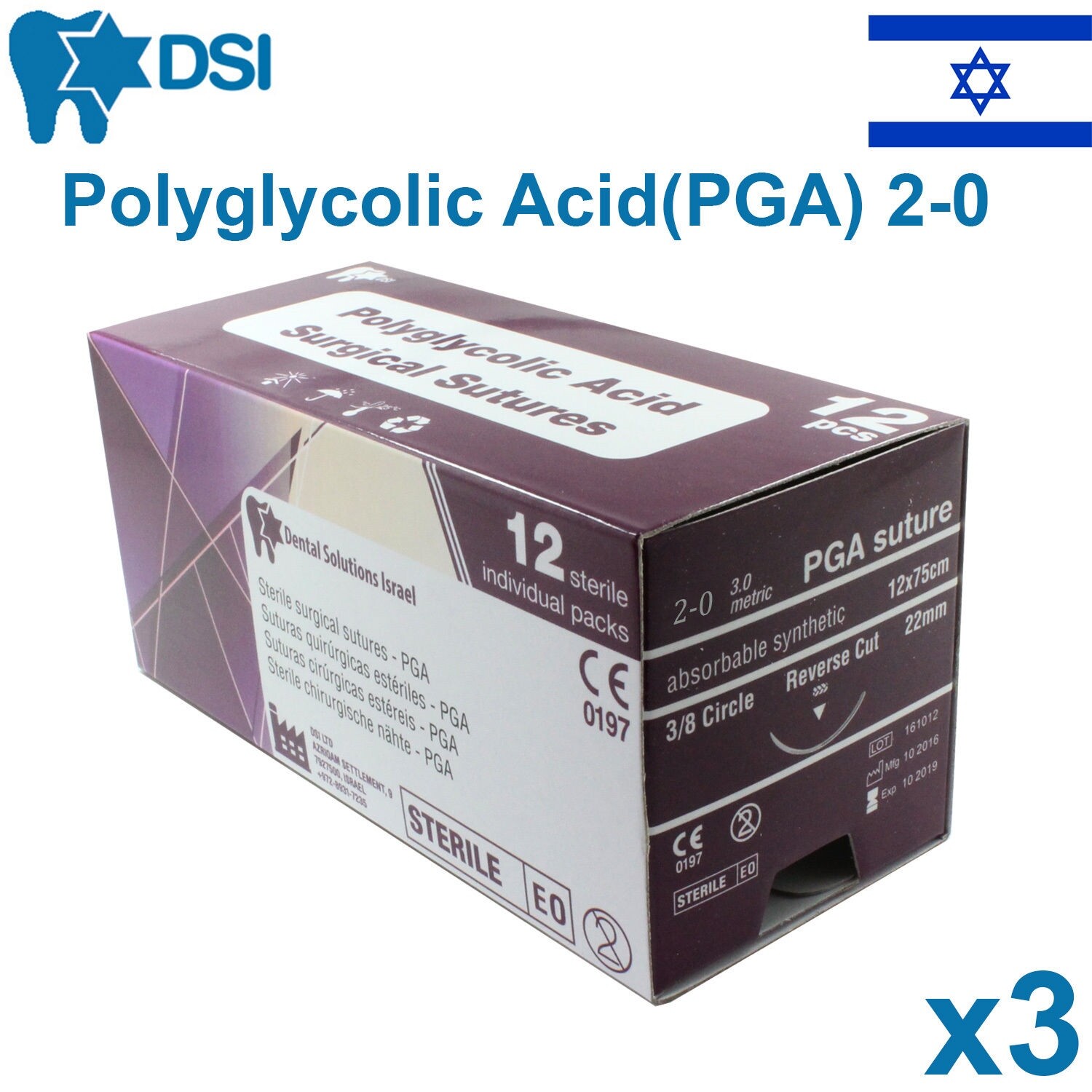 3x PGA 2/0 Polyglycolic Acid Sewing Thread 20mm 3/8 Circle Reverse 75cm 12 pcs