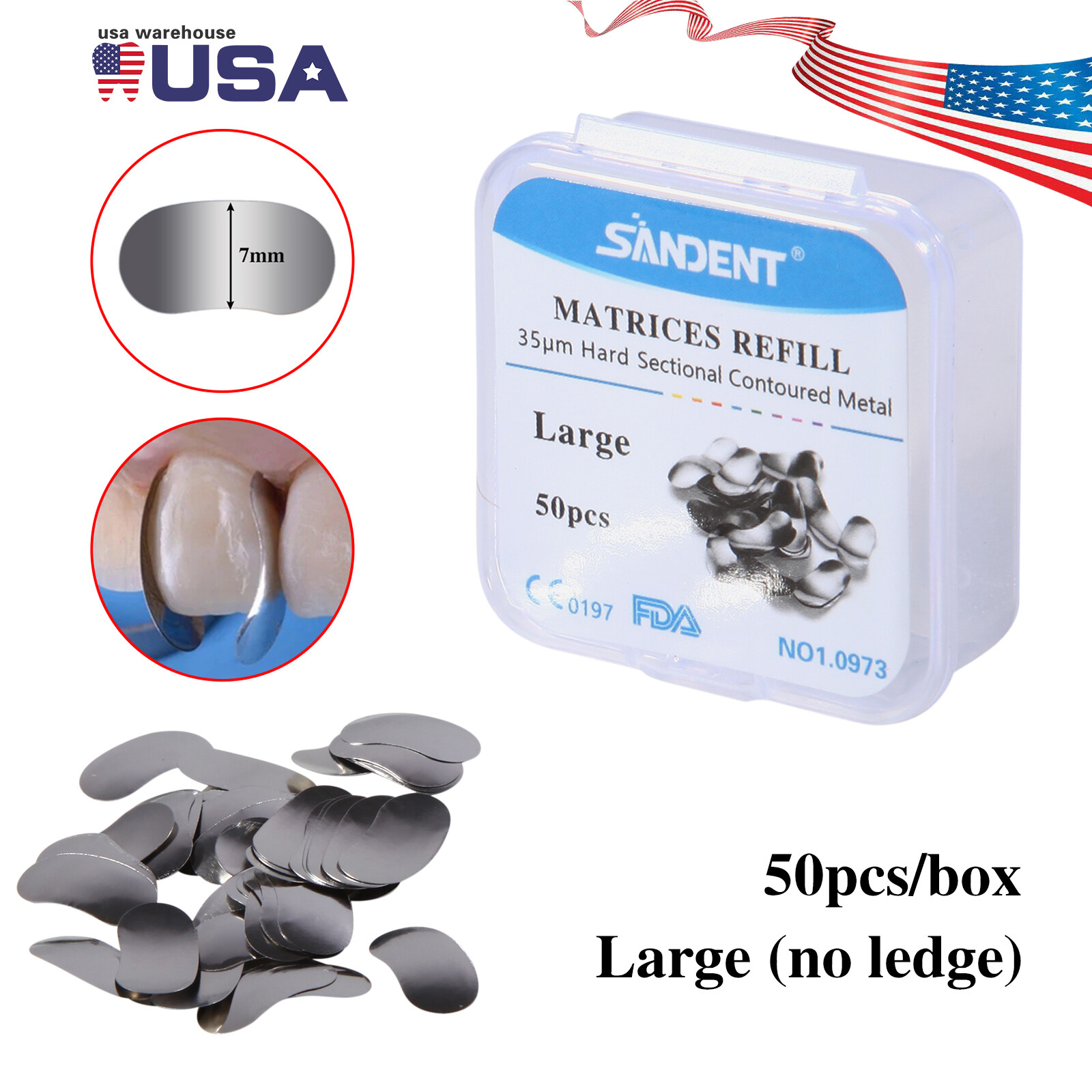 50X Dental Metal Matrices Sectional Contoured Matrix Refill hard band L CE&FDA