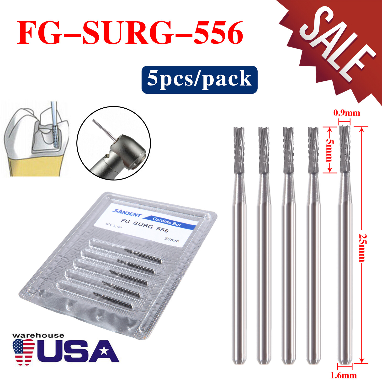 Dental Surgical Length Bur Tungsten Carbide 25mm FG SURG 556 straight fissure DL
