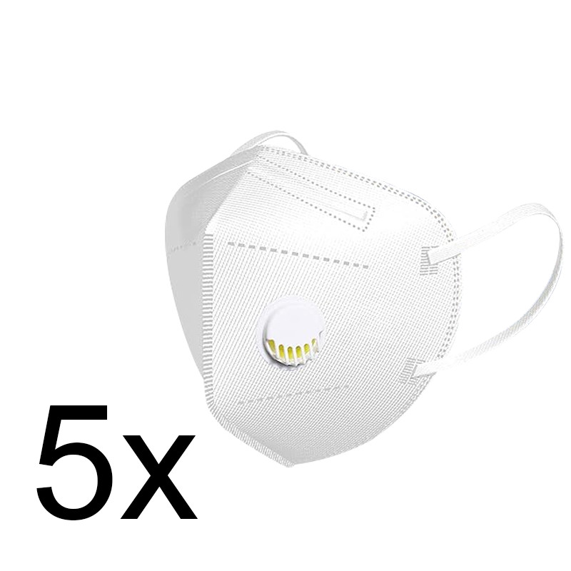Pack of 5 KN95 face masks, gray/white, dustproof, with exhalation valve.