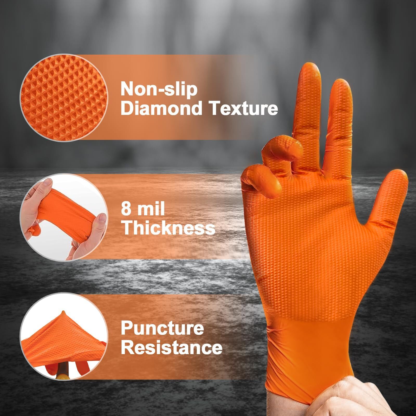 Heavy Duty Nitrile Disposable Gloves8mil Orangeraised Diamond Texture Work Glove