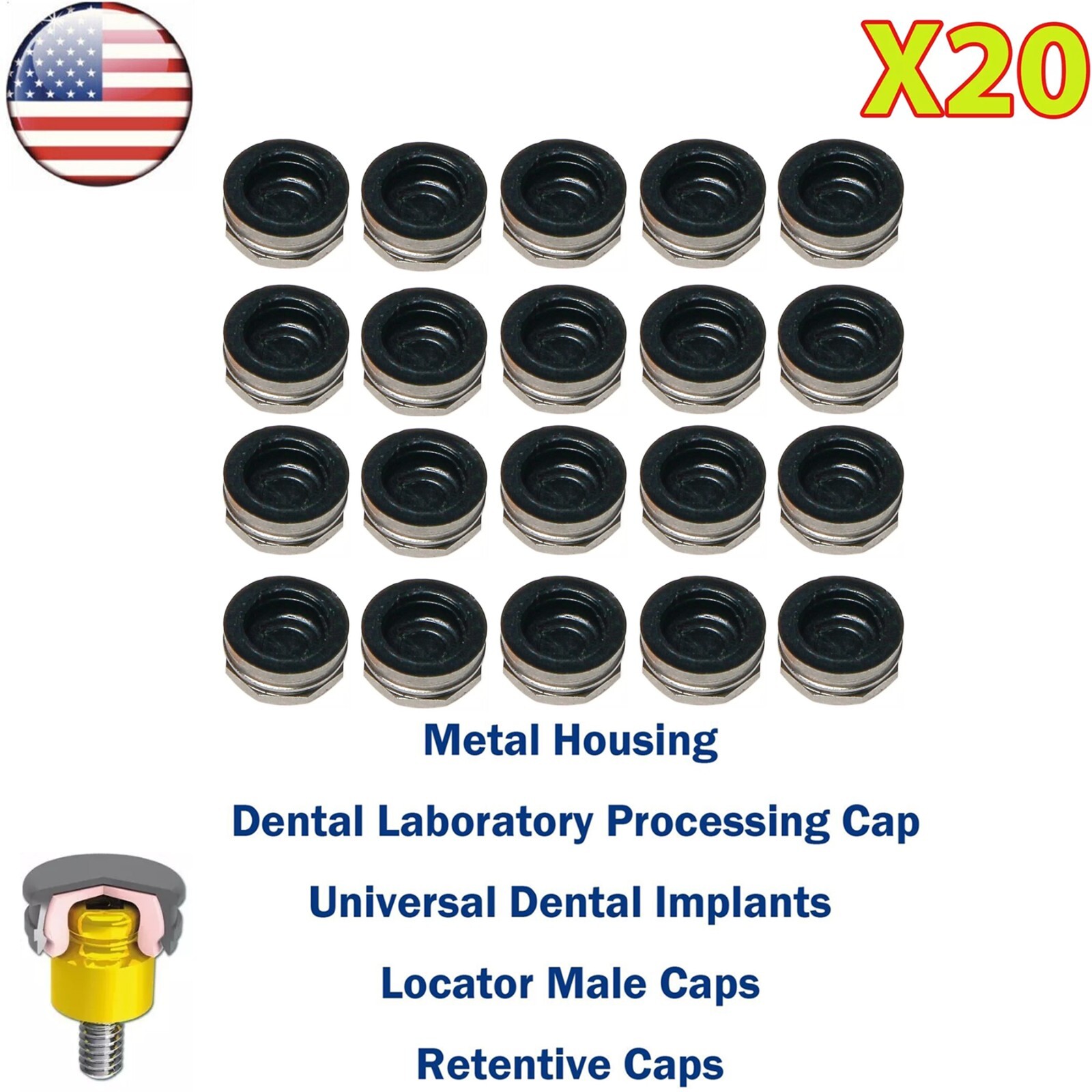 US 20Pcs Dental Overdenture Mini Implants Locator Retentive Caps 1.2/2.4lbs