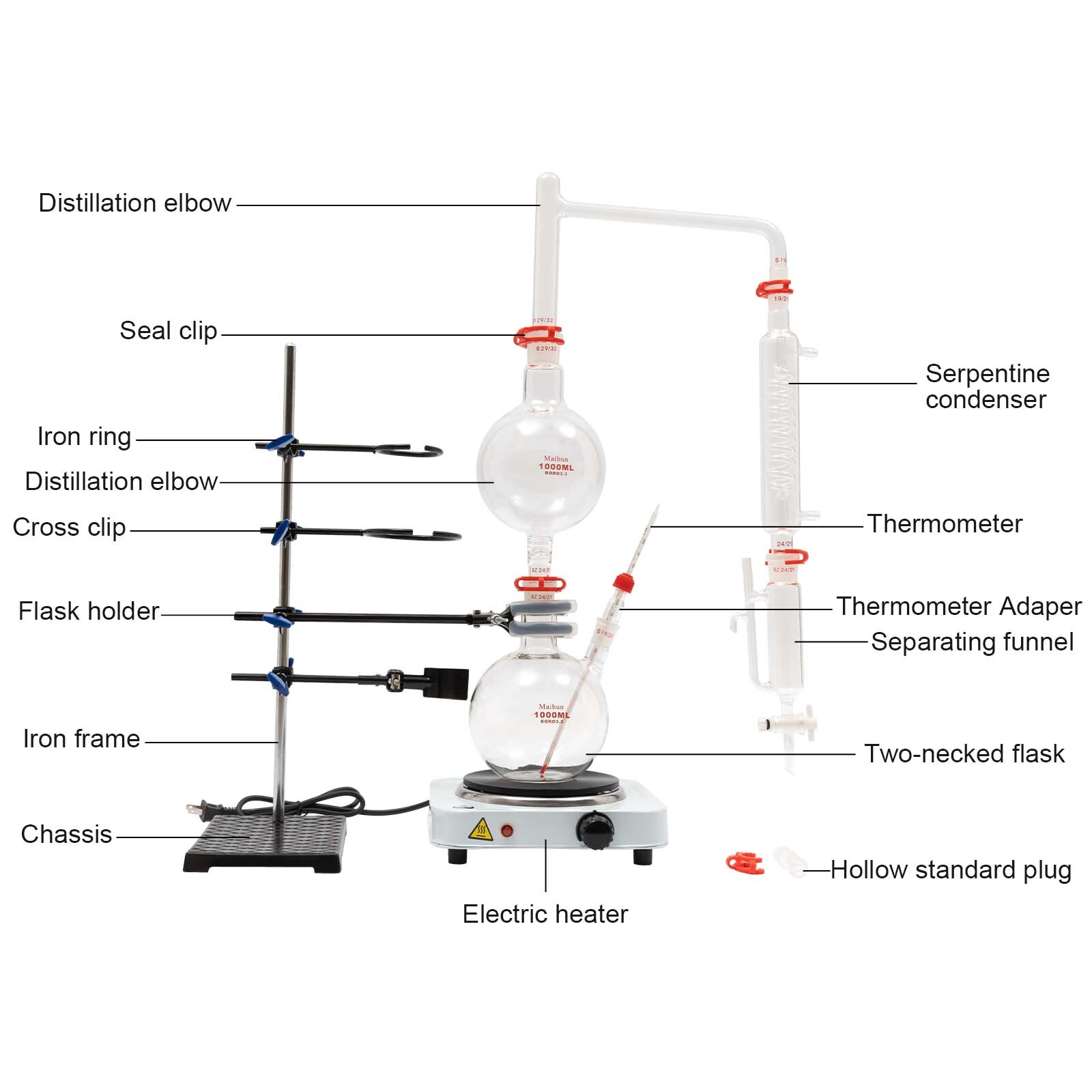 1000mL Lab Glass Distillation Kit 1000W For Essential Oil Hydrosol Purification