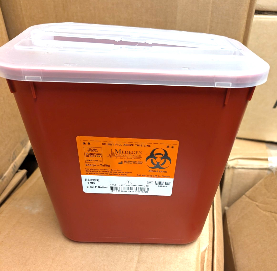 Medegen Stackable Biohazard Sharps Container, 2 Gallon Capacity Each- Case of 24
