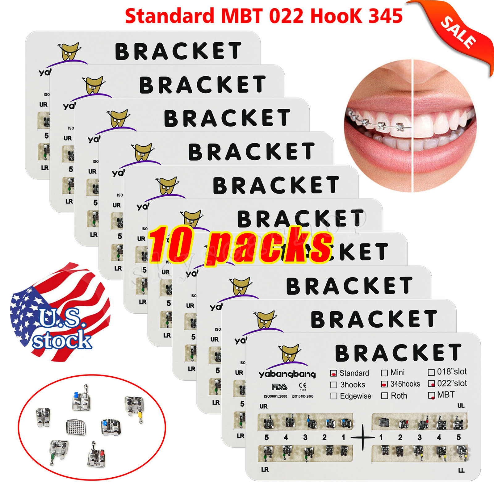 10 packs Dental Orthodontic Brackets Braces Standard MBT Slot 022 345 Hook 200PC