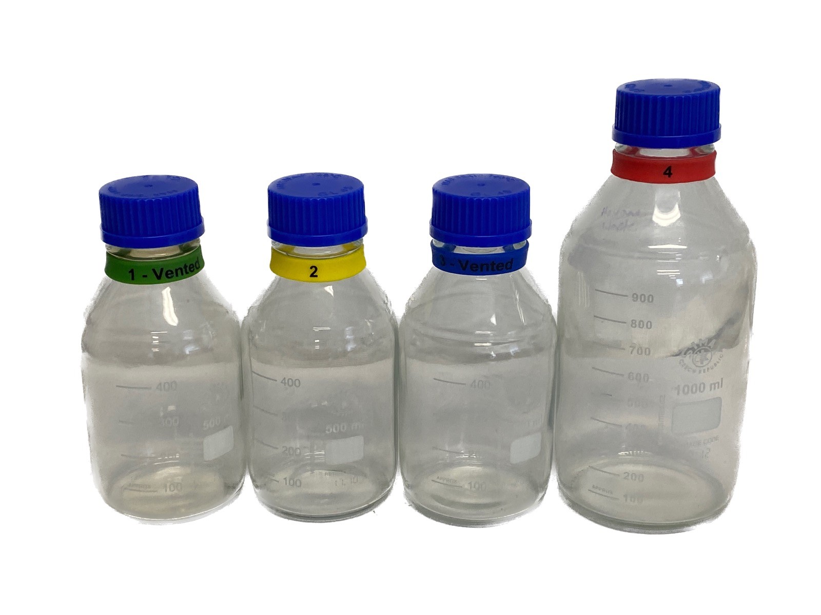 (4) SIMAX 500mL & 1000mL Plastic-Coated Glass Media Storage Bottles GL-45 Caps