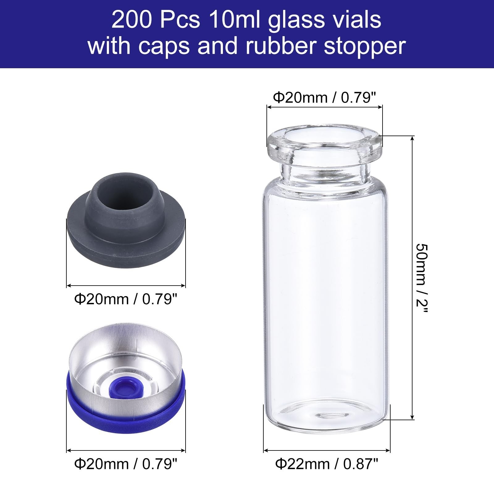200pcs 10ml Clear Glass Vials with Caps & Rubber Stoppers – Mini Sample Bottles