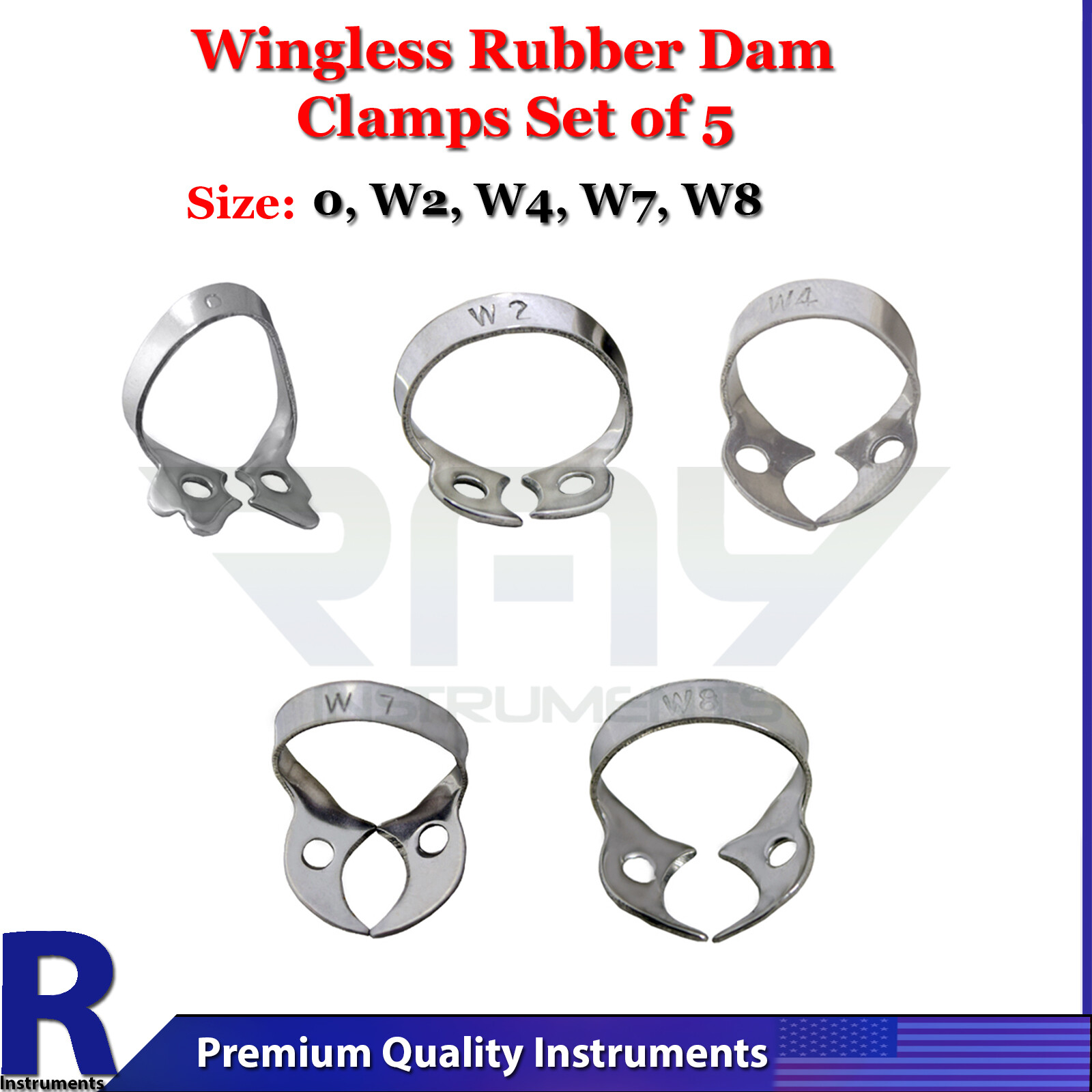 Dental Rubber Dam Clamps 0, W2, W4, W7, W8 Wingless Clamp Retractor 5Pcs Clamps