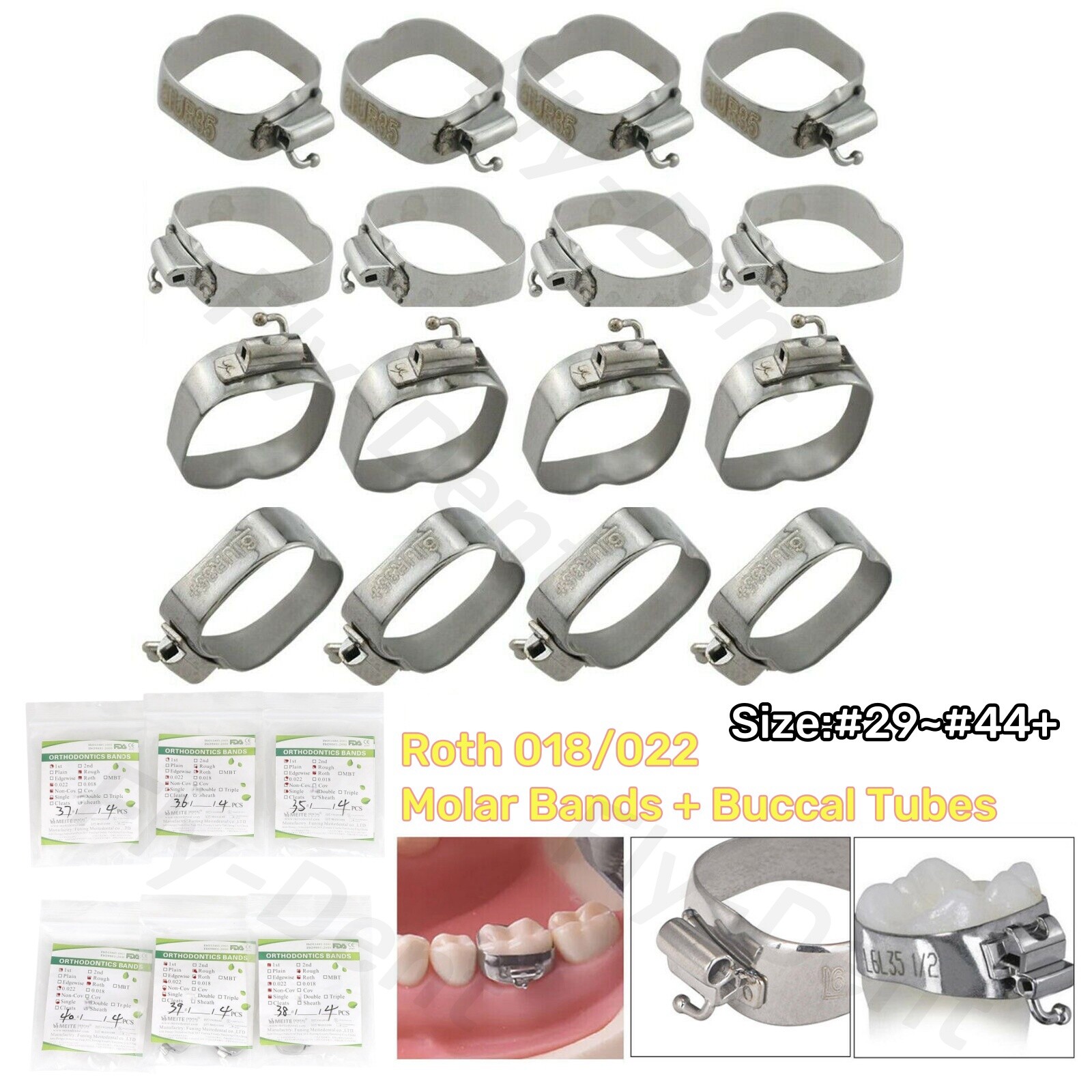 Dental Orthodontic 1st Rough Molar Bands with Buccal Tubes #29-44+ Roth 018/022
