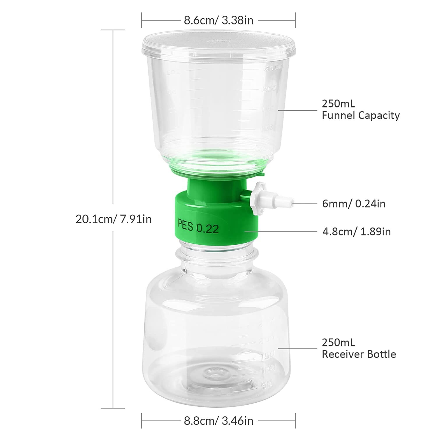 250mL/500mL PES Vacuum Filter,Sterile 0.22μm Pore Size,Dual Funnel&Receiver HPLC