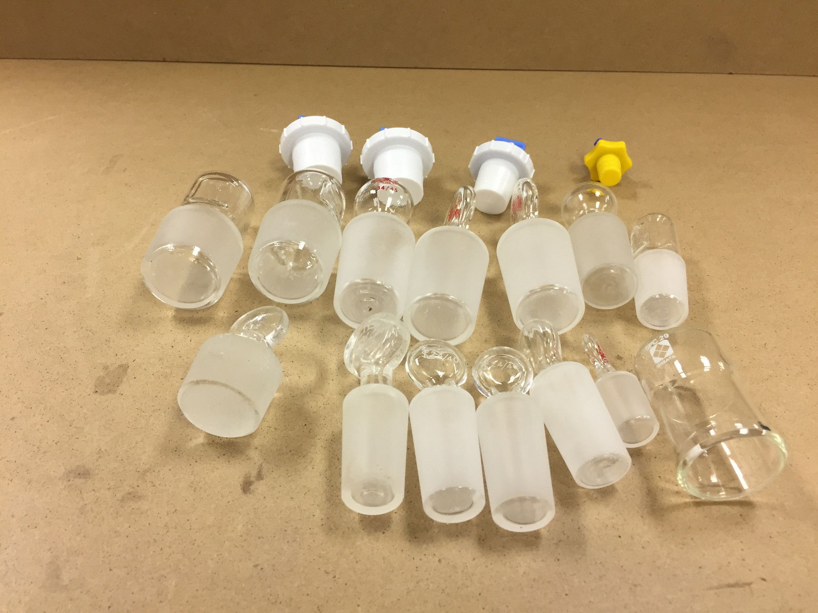 Assorted Lab Glass and PTFE Stoppers and Cap Lot of 18