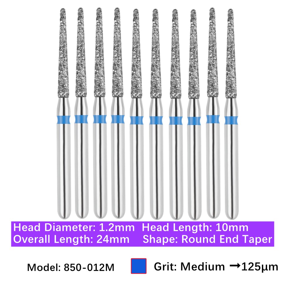 10/pk Dental FG High Speed Diamond Burs Round End Taper 850-012M Medium Grit