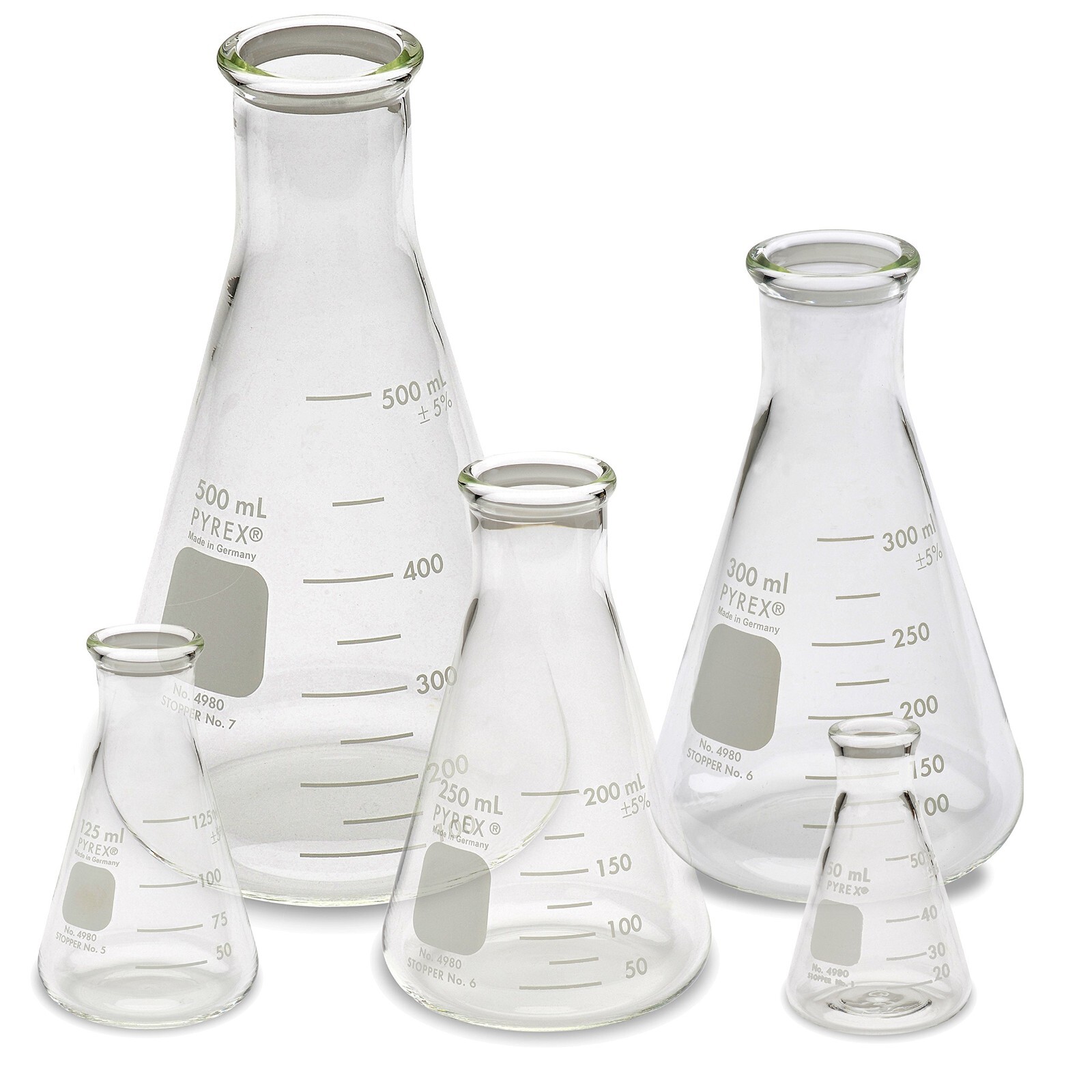 PYREX 4980-PACK, Narrow Mouth Erlenmeyer Flask Set (50/125/250/300/500ml)