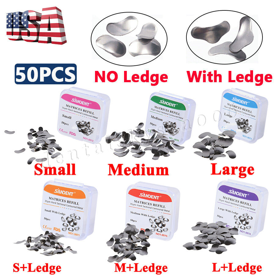 50PC Dental Metal Matrices Matrix Band Sectional Contoured Refill 35μm USA