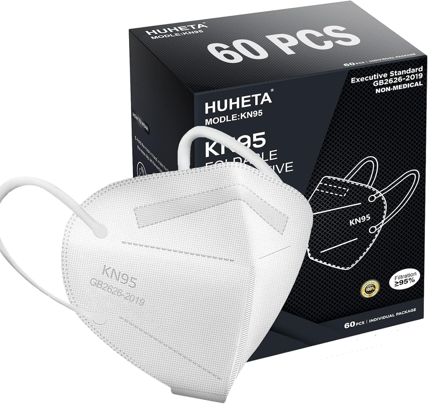 Breathable KN95 Face Masks – 60 Count with Adjustable Nose Clip for Perfect Fit