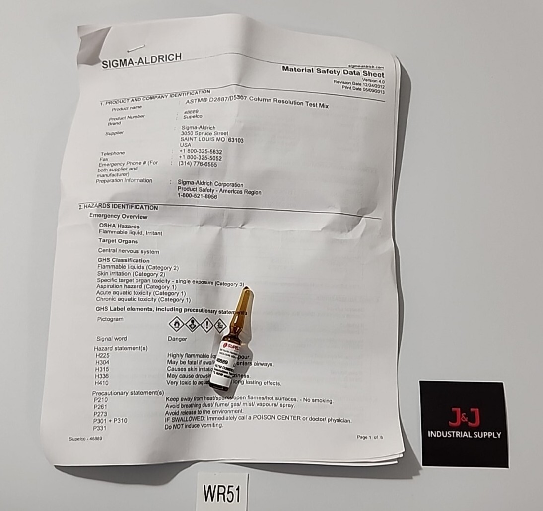 *NEW* Sigma-Aldrich Supelco 48889 ASTM D2887/D5307 Column Resolution Test Mix 1%