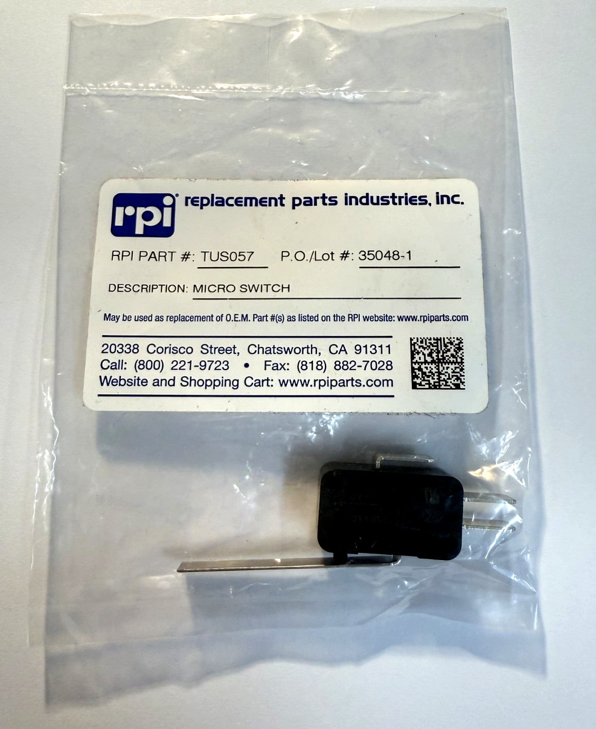 Tuttnauer Sterilizer Micro Switch – RPI Part #TUS057, OEM Part #ELE036-0012