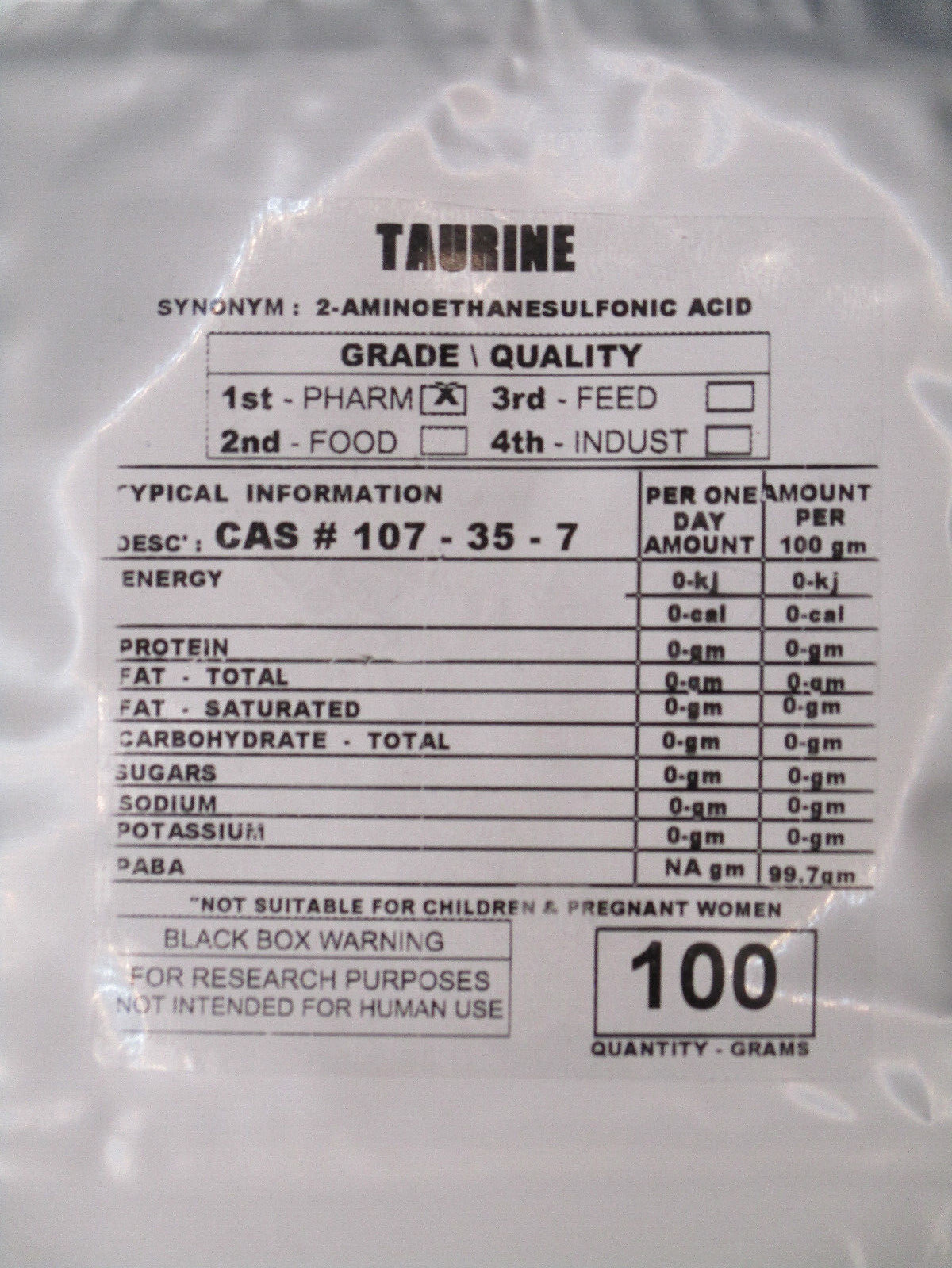100 Grams TAURINE POWDER PURE 99.95 % CAS# 107-35-7