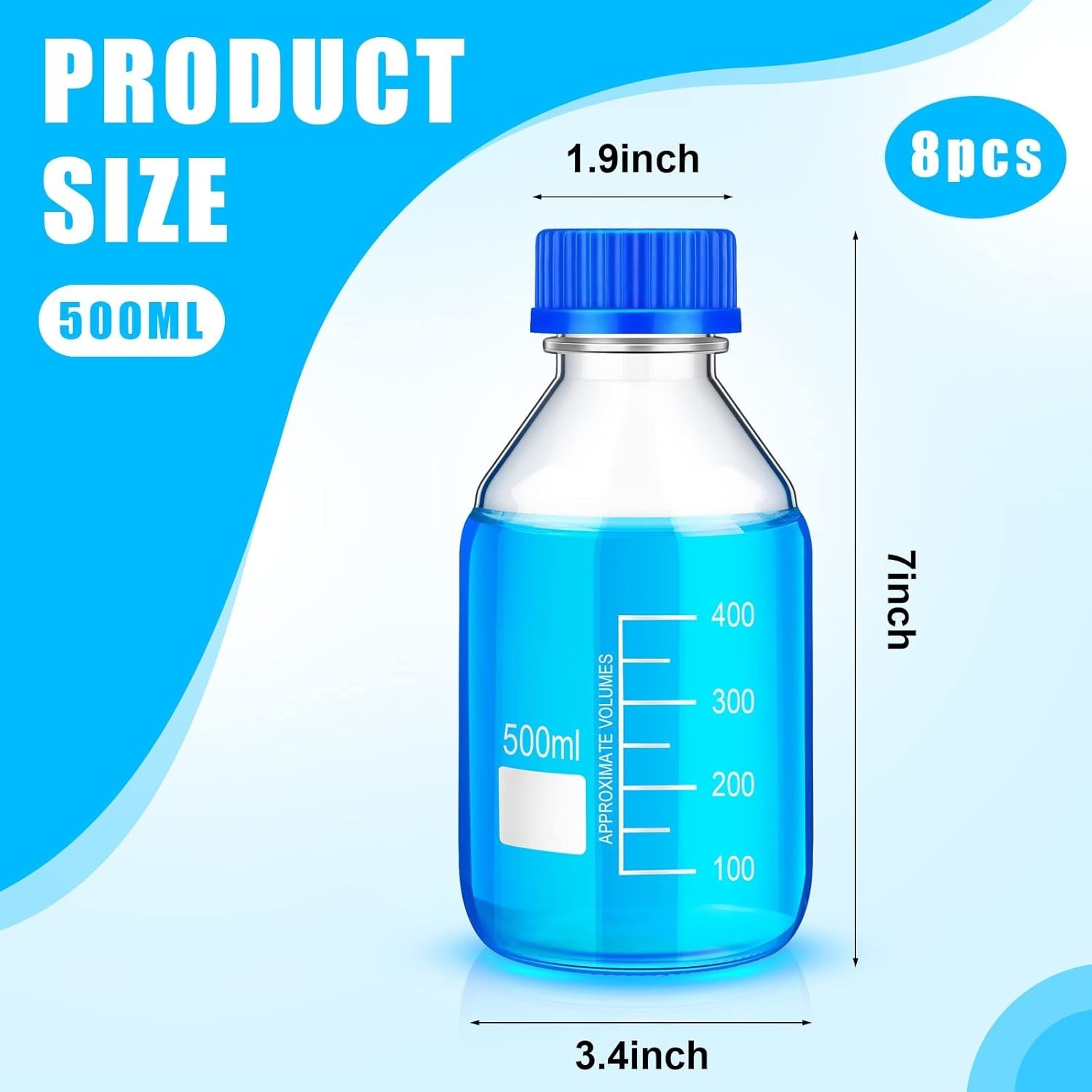 Lab Storage Glass Bottles with Blue Screw Cap – 500ml, 8pcs