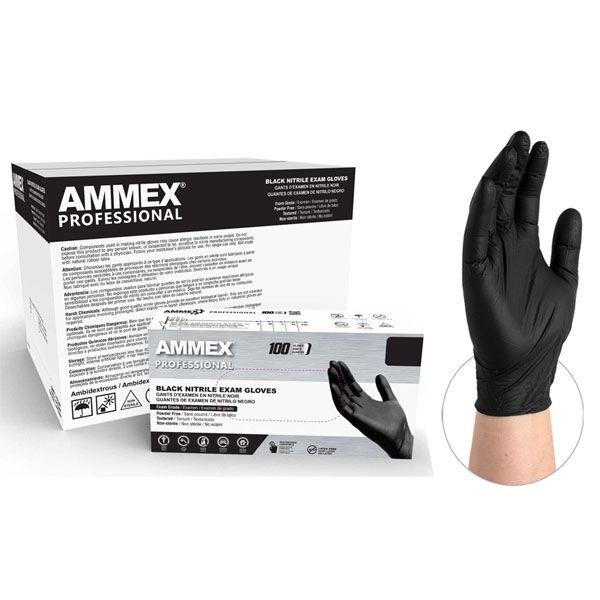 AMMEX Professional Black Nitrile Gloves – Small, 10×100/Box, Beaded cuff