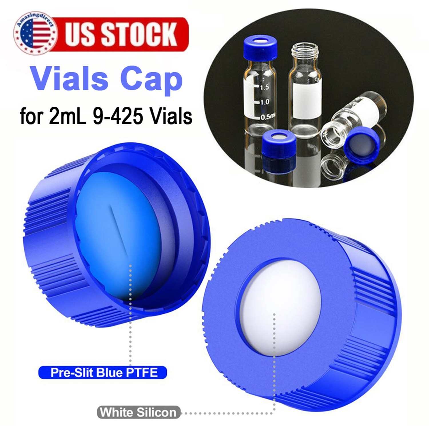 2ml Screw Thread Vial Caps, PTFE/Silicone Septa, 9-425 Thread, for HPLC/GC